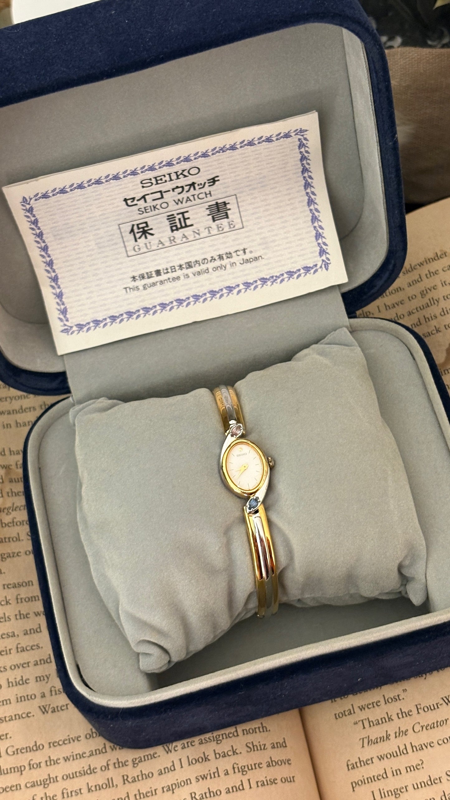 Extremely Rare Boxed Dainty Vintage Seiko Rose Quartz and Aquamarine Accent Bangle Watch in Two-Tone Quartz