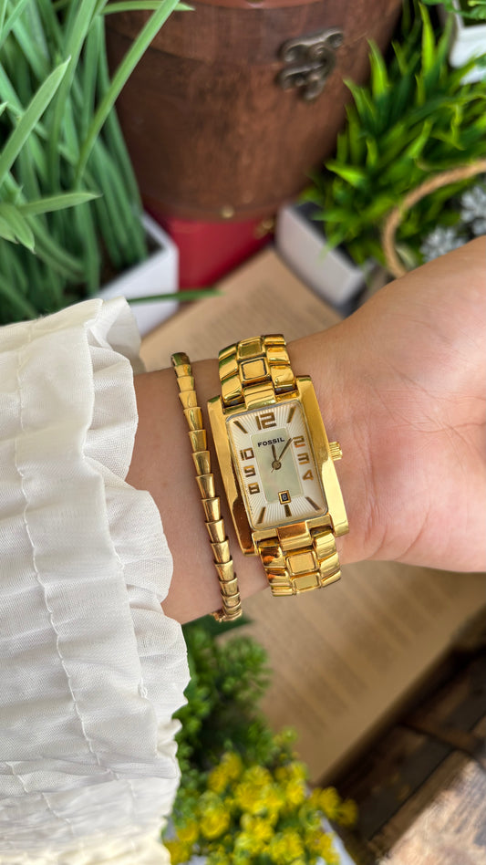 Vintage Fossil Tank Watch in Gold Tone with Window Date Pearl Dial