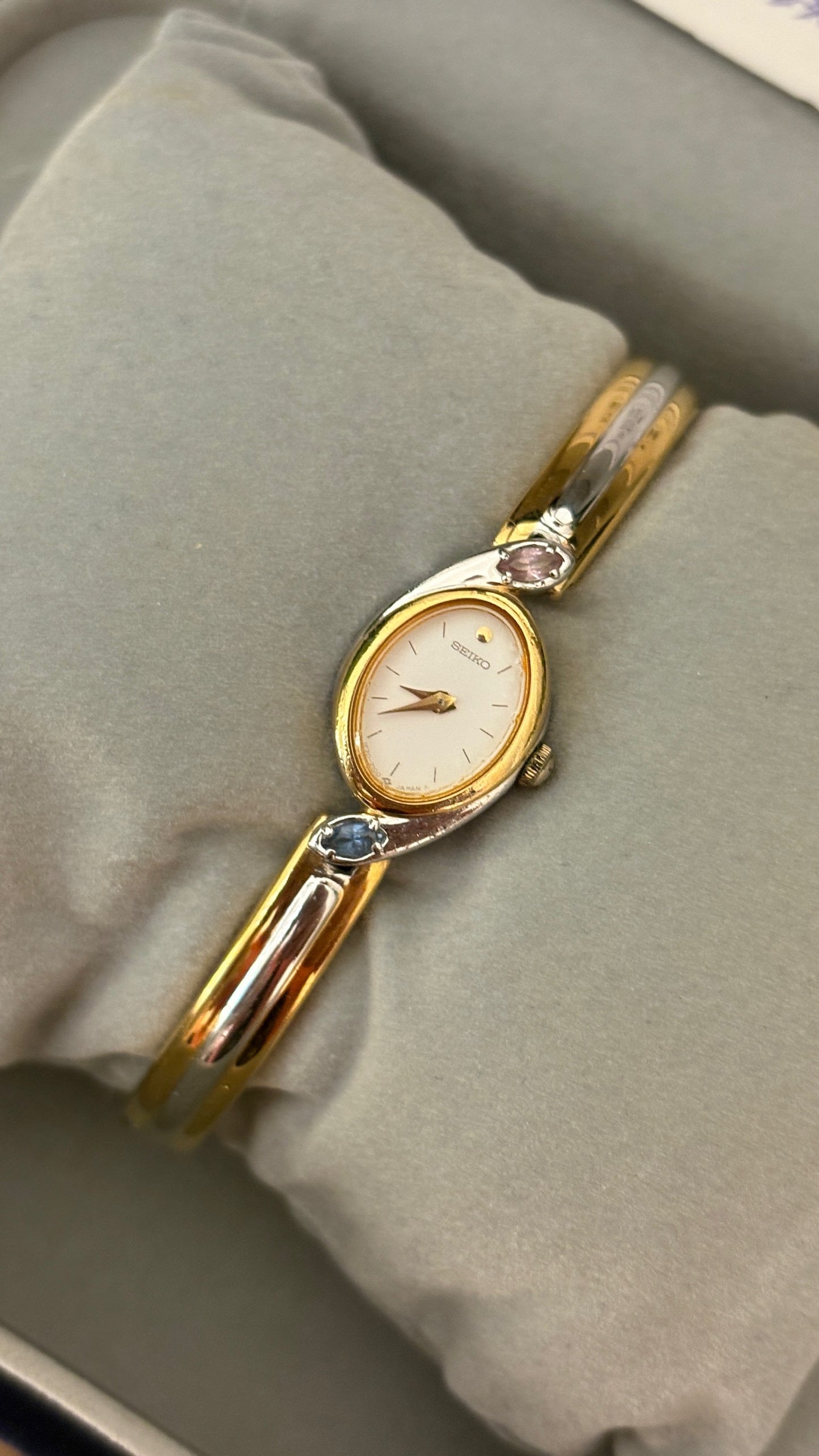 Extremely Rare Boxed Dainty Vintage Seiko Rose Quartz and Aquamarine Accent Bangle Watch in Two-Tone Quartz