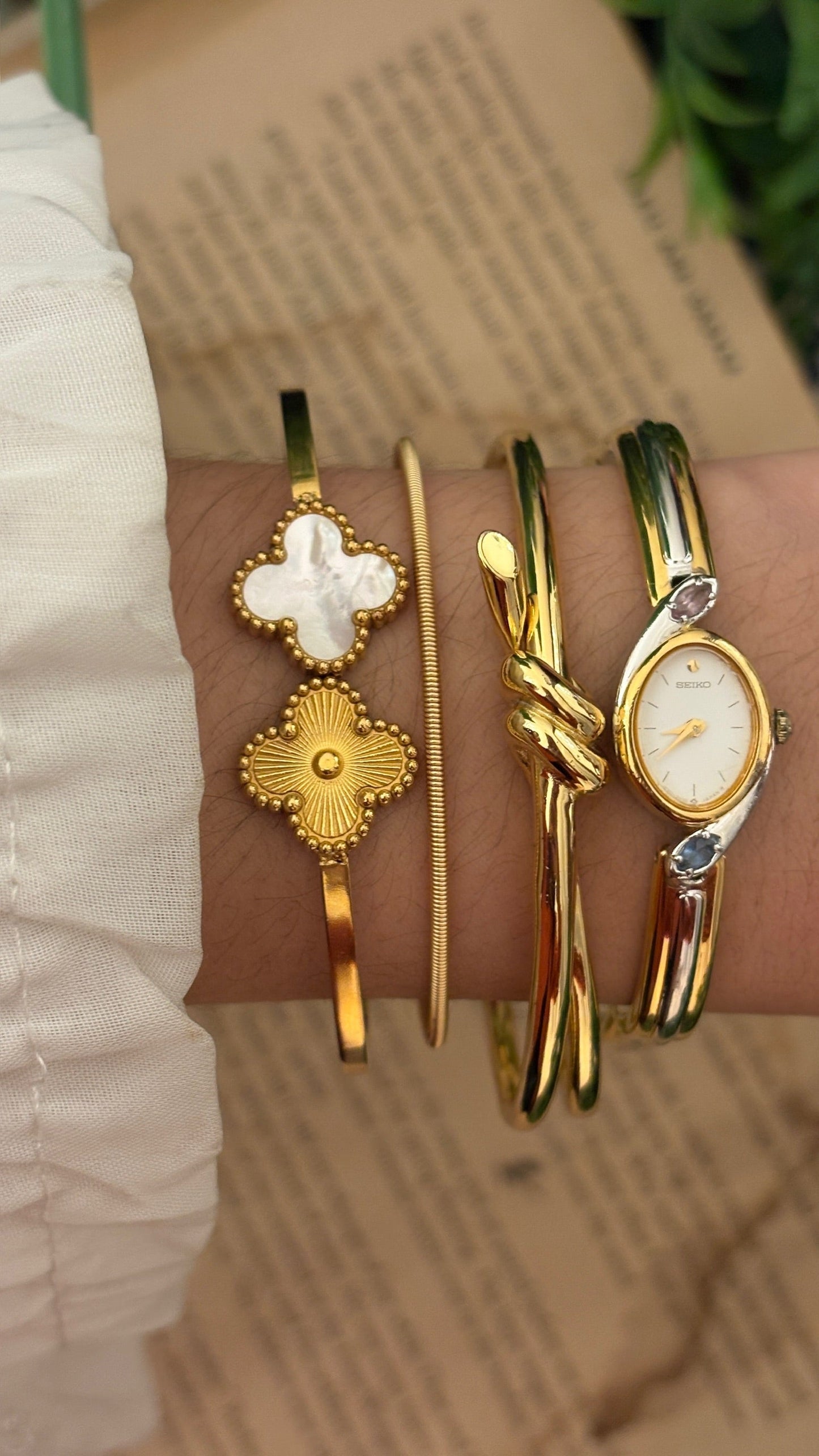 Extremely Rare Boxed Dainty Vintage Seiko Rose Quartz and Aquamarine Accent Bangle Watch in Two-Tone Quartz