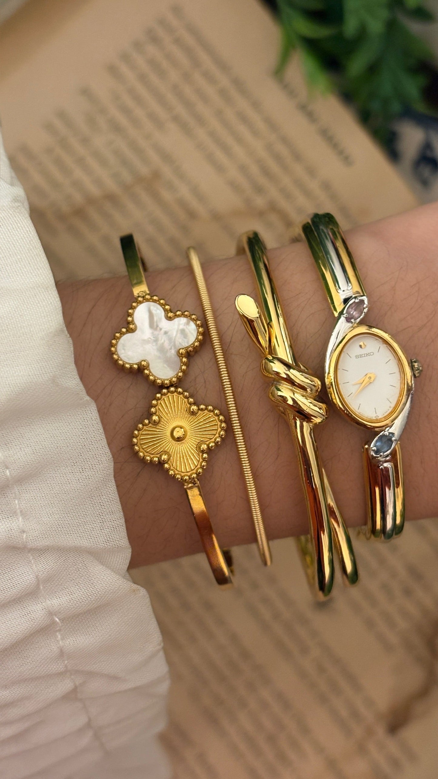 Extremely Rare Boxed Dainty Vintage Seiko Rose Quartz and Aquamarine Accent Bangle Watch in Two-Tone Quartz