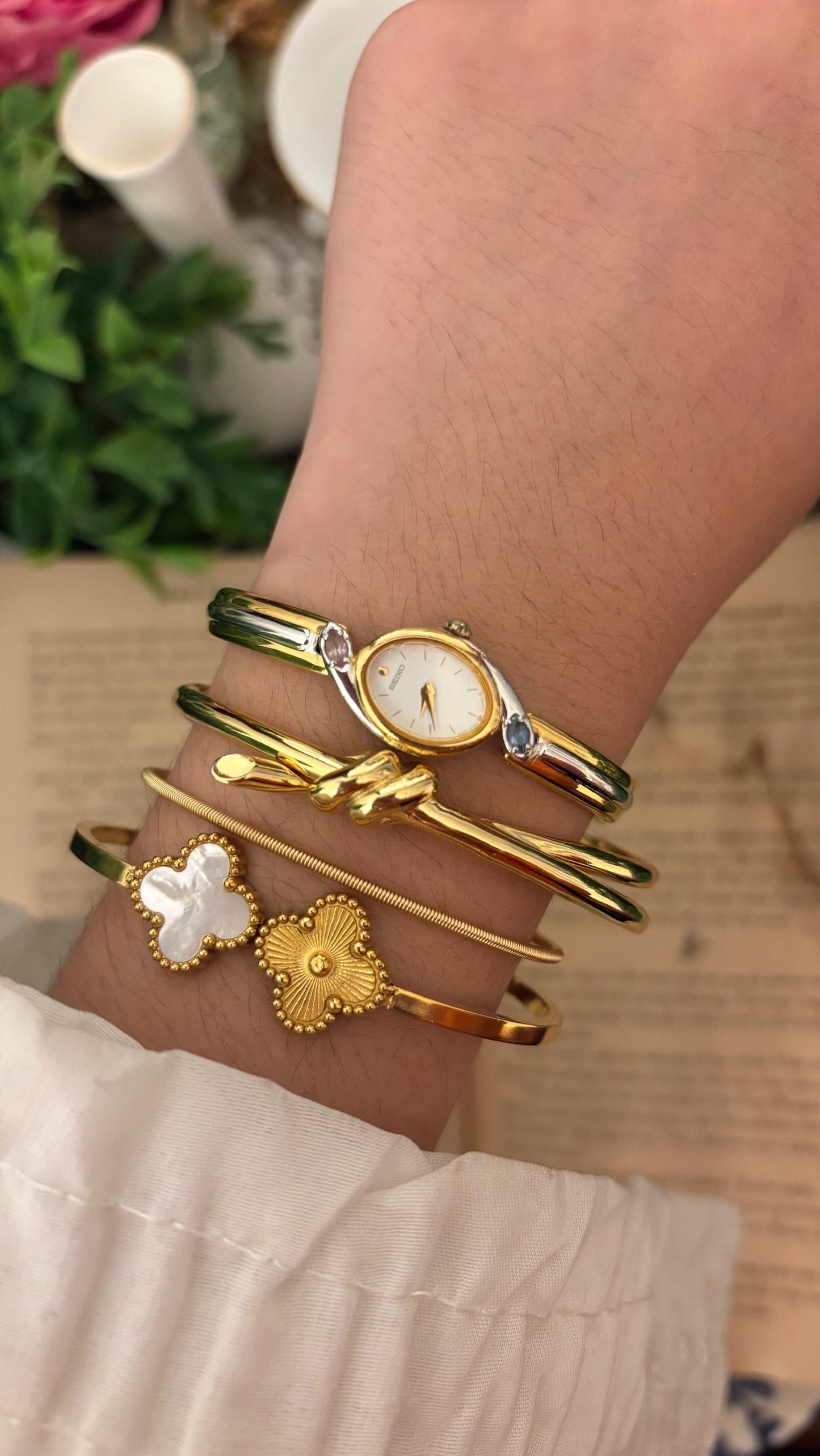 Extremely Rare Boxed Dainty Vintage Seiko Rose Quartz and Aquamarine Accent Bangle Watch in Two-Tone Quartz