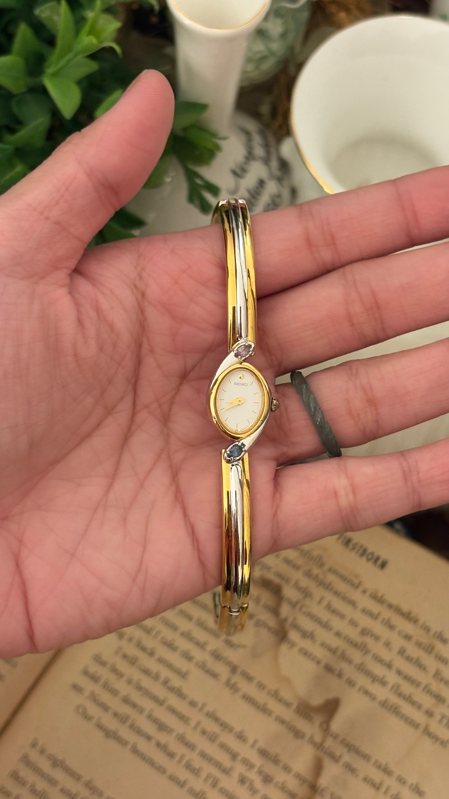 Extremely Rare Boxed Dainty Vintage Seiko Rose Quartz and Aquamarine Accent Bangle Watch in Two-Tone Quartz