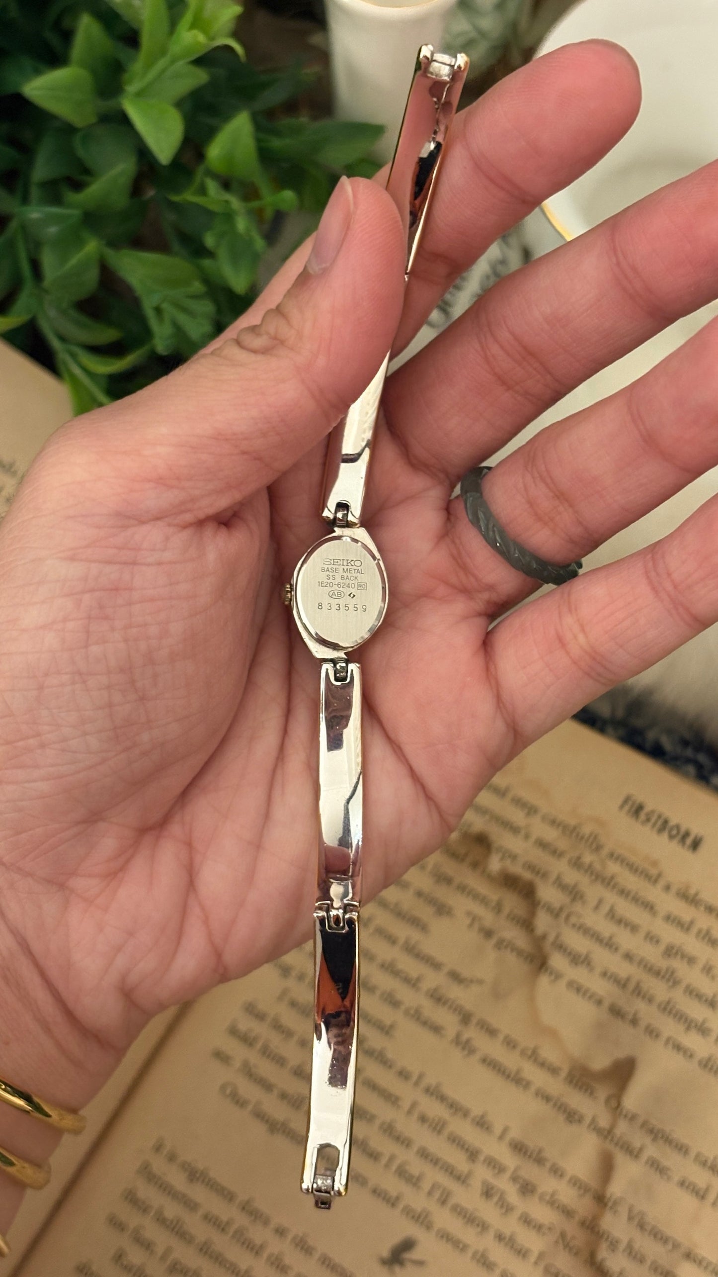 Extremely Rare Boxed Dainty Vintage Seiko Rose Quartz and Aquamarine Accent Bangle Watch in Two-Tone Quartz