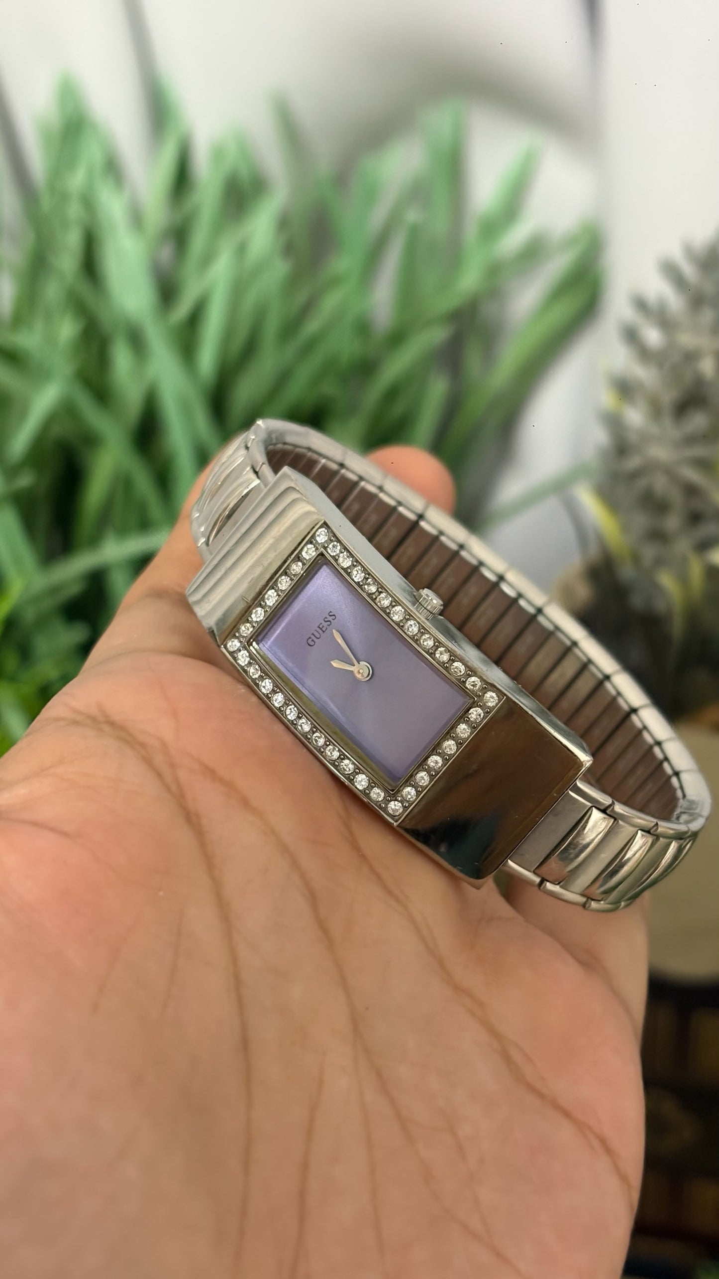 Vintage Guess Purple Dial Expandable Band Watch in Silver Tone Quartz