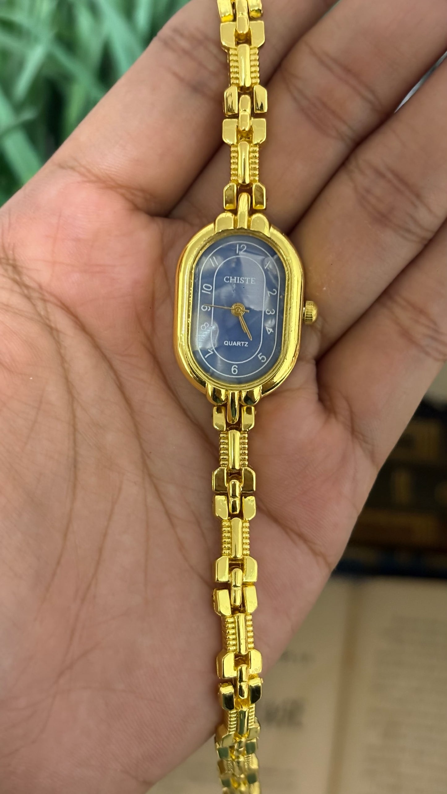 Vintage Chiste Blue Mother of Pearl Dial Watch in Gold Tone Quartz