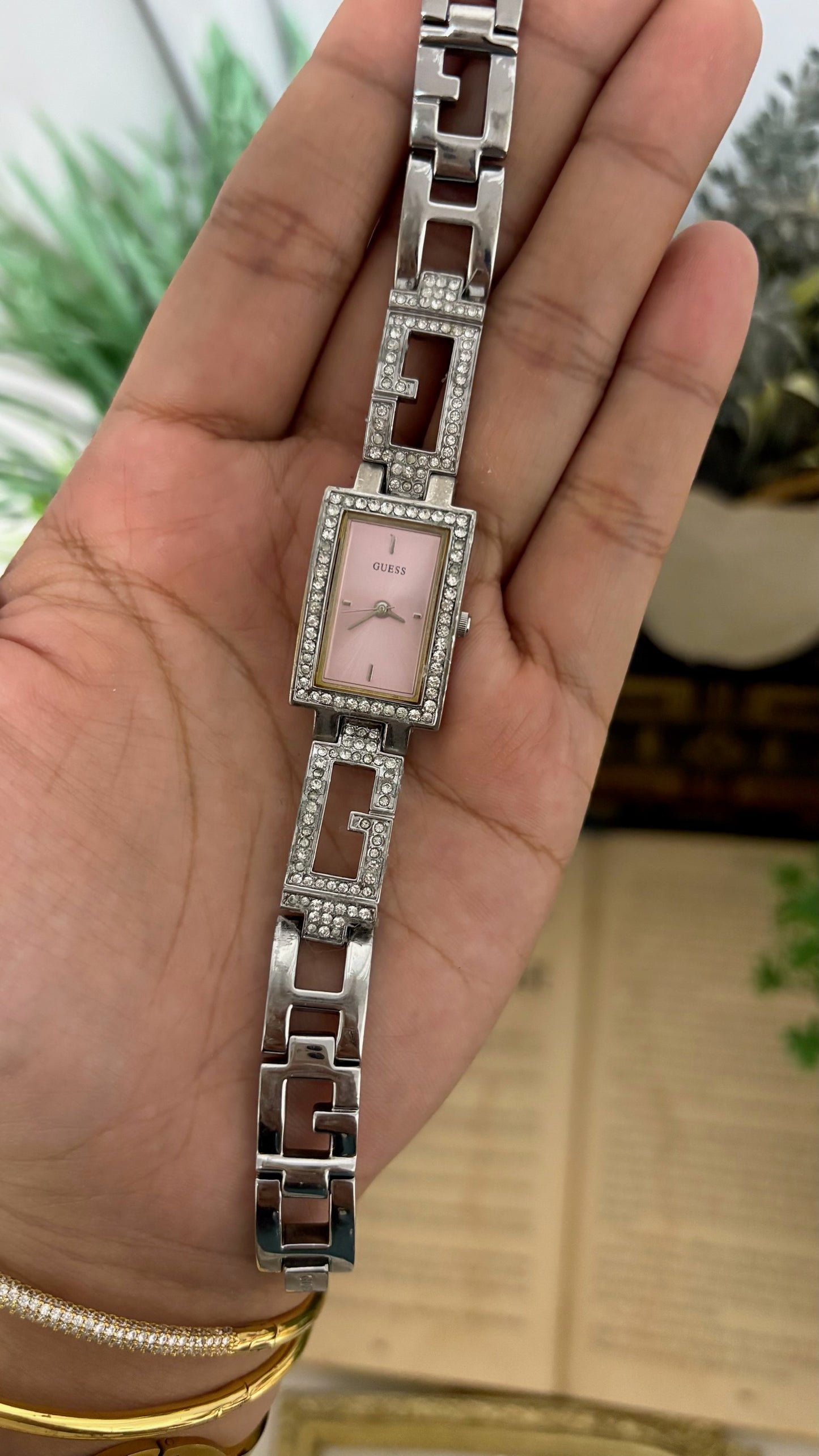 Vintage Guess Pink Dial Logo Bracelet Watch in Silver Tone Quartz