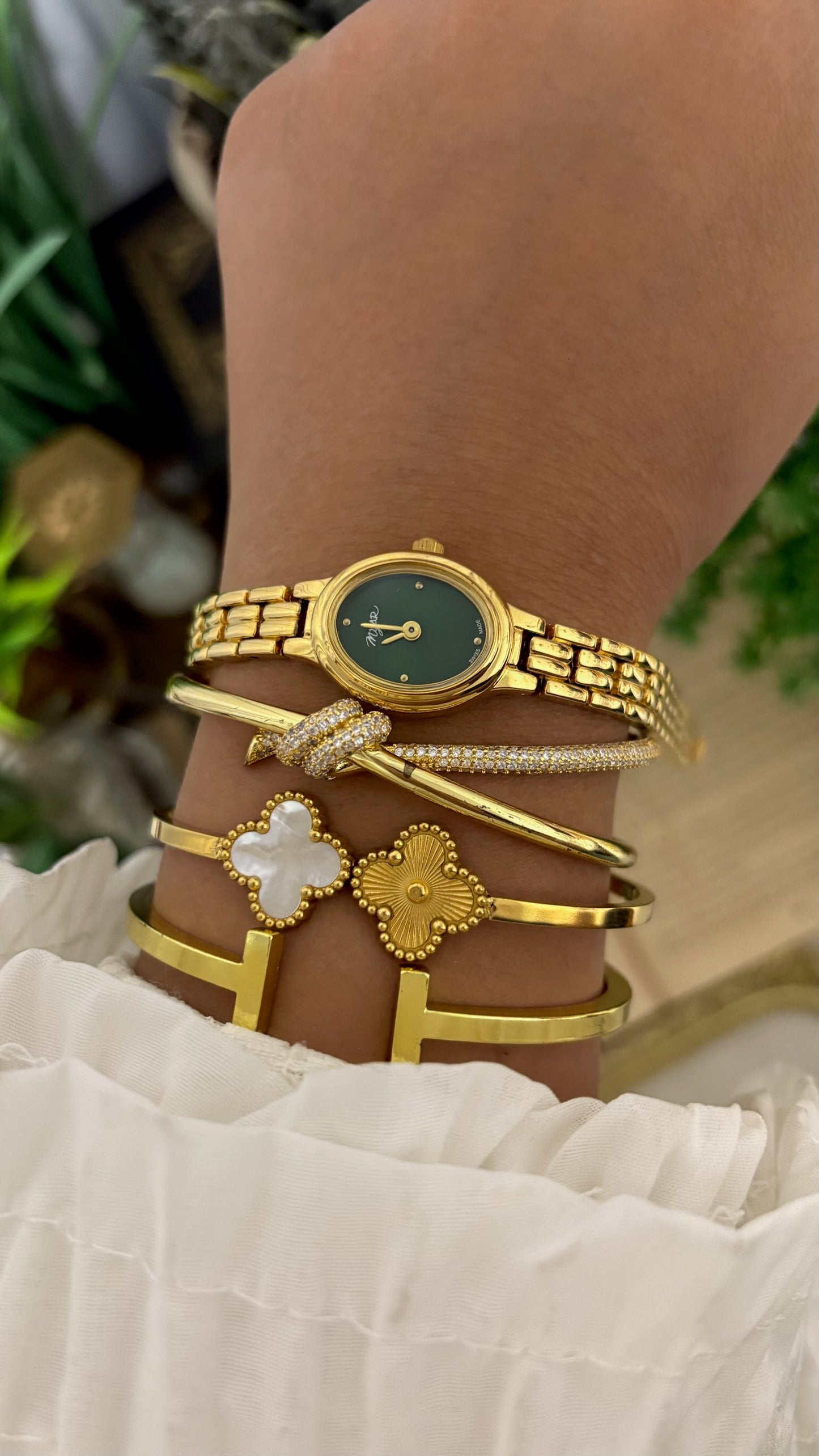 Dainty Vintage Myar Green Dial Watch in Gold Tone Quartz