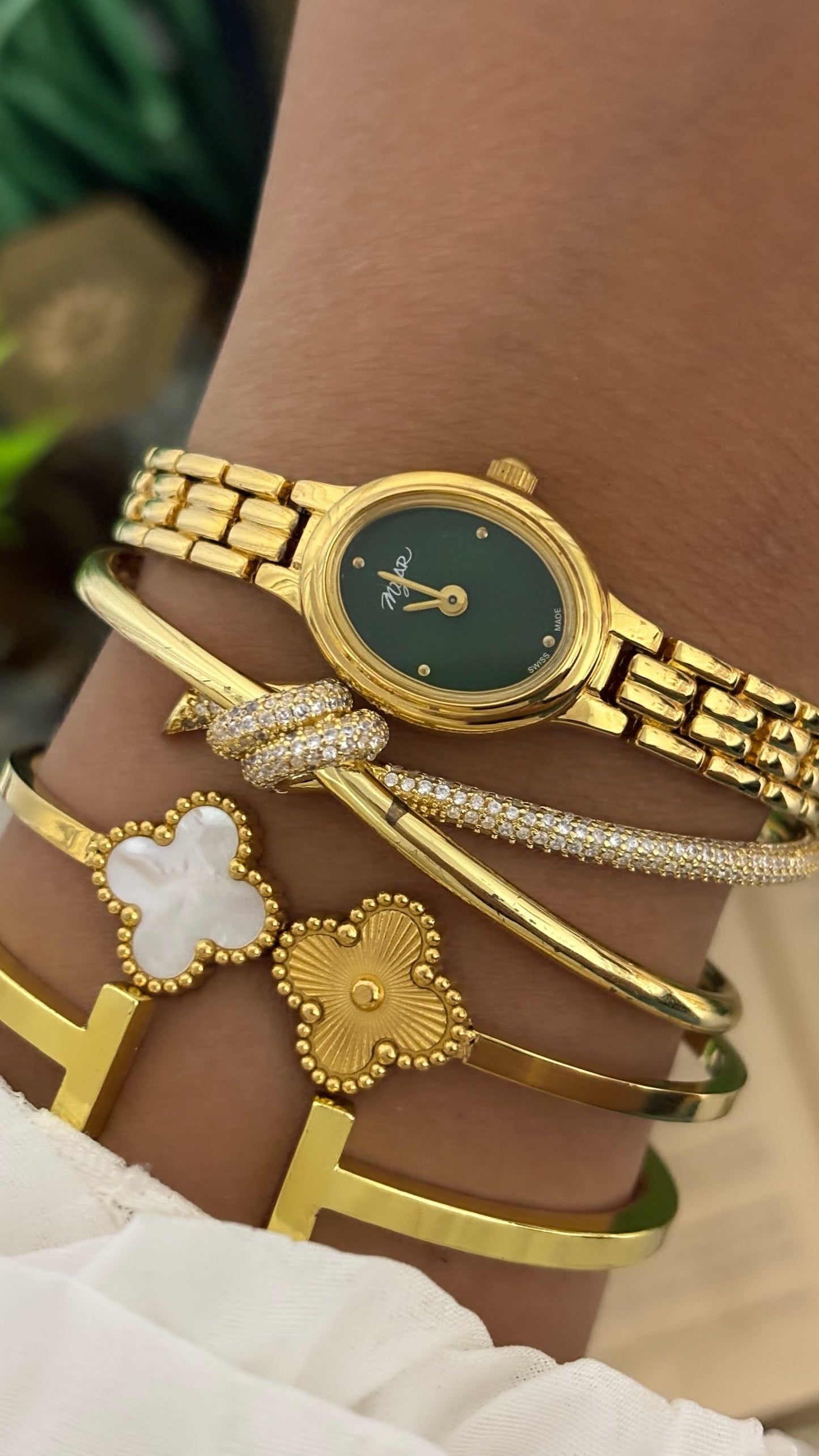 Dainty Vintage Myar Green Dial Watch in Gold Tone Quartz