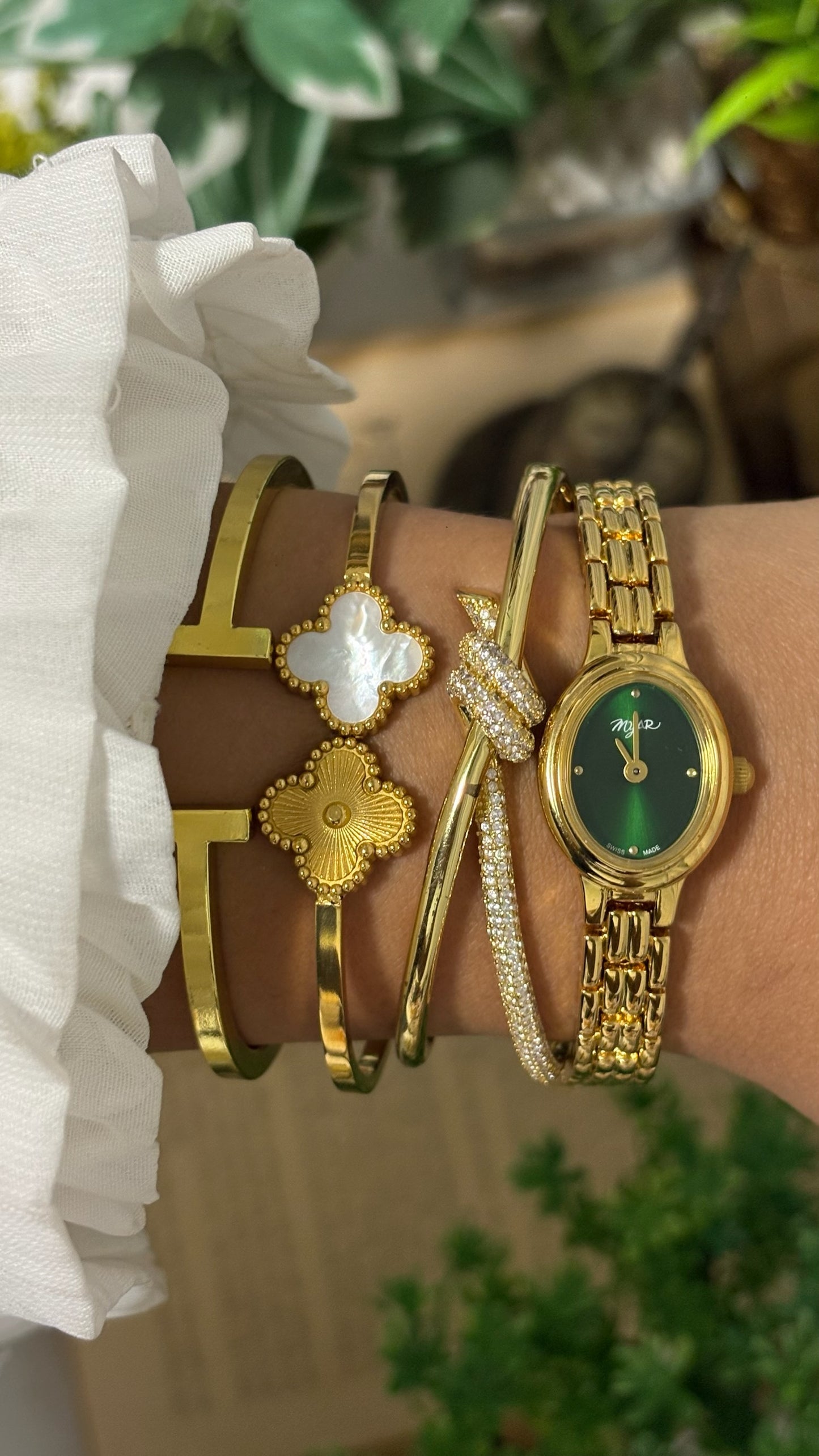 Dainty Vintage Myar Green Dial Watch in Gold Tone Quartz