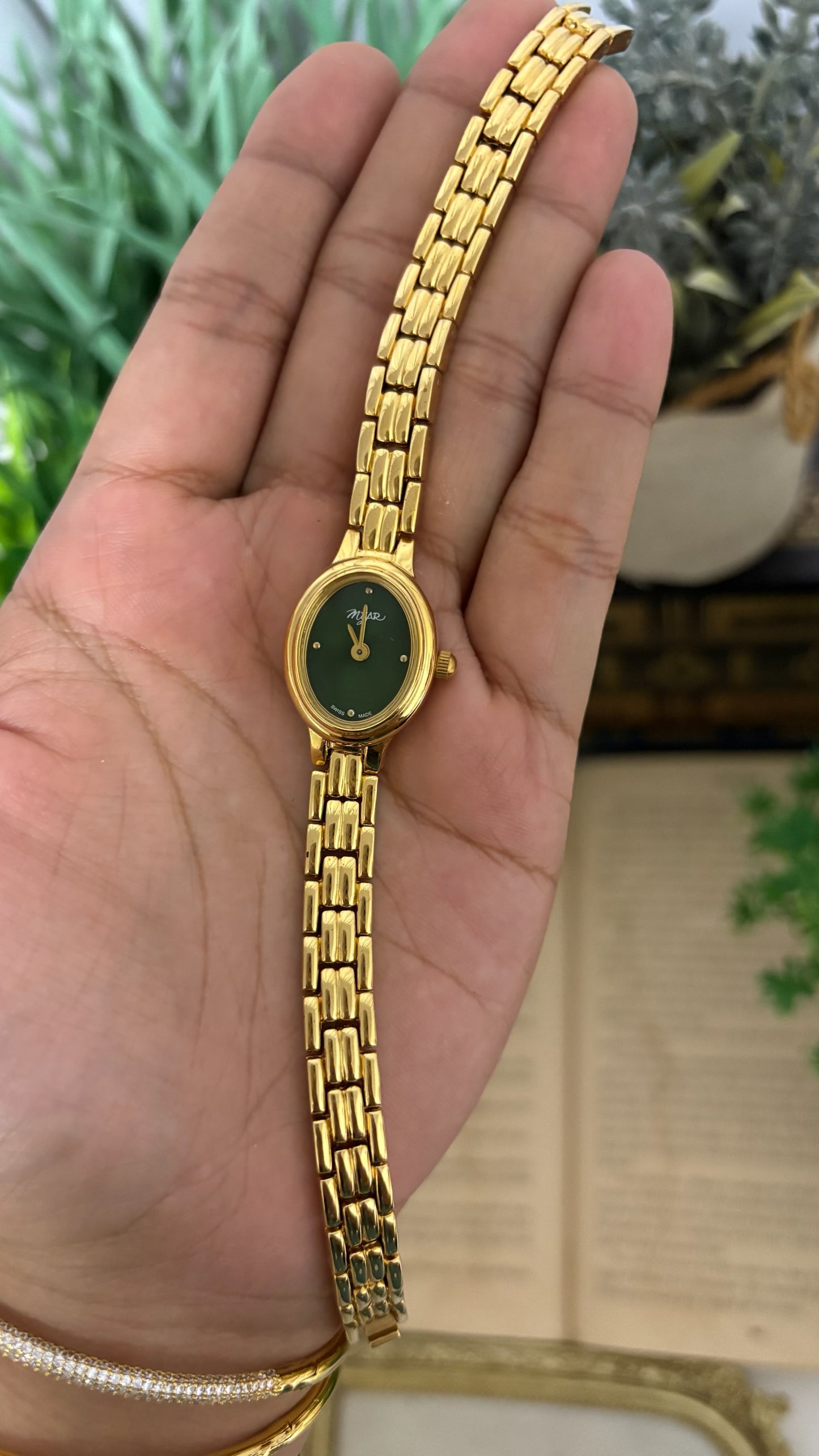 Dainty Vintage Myar Green Dial Watch in Gold Tone Quartz