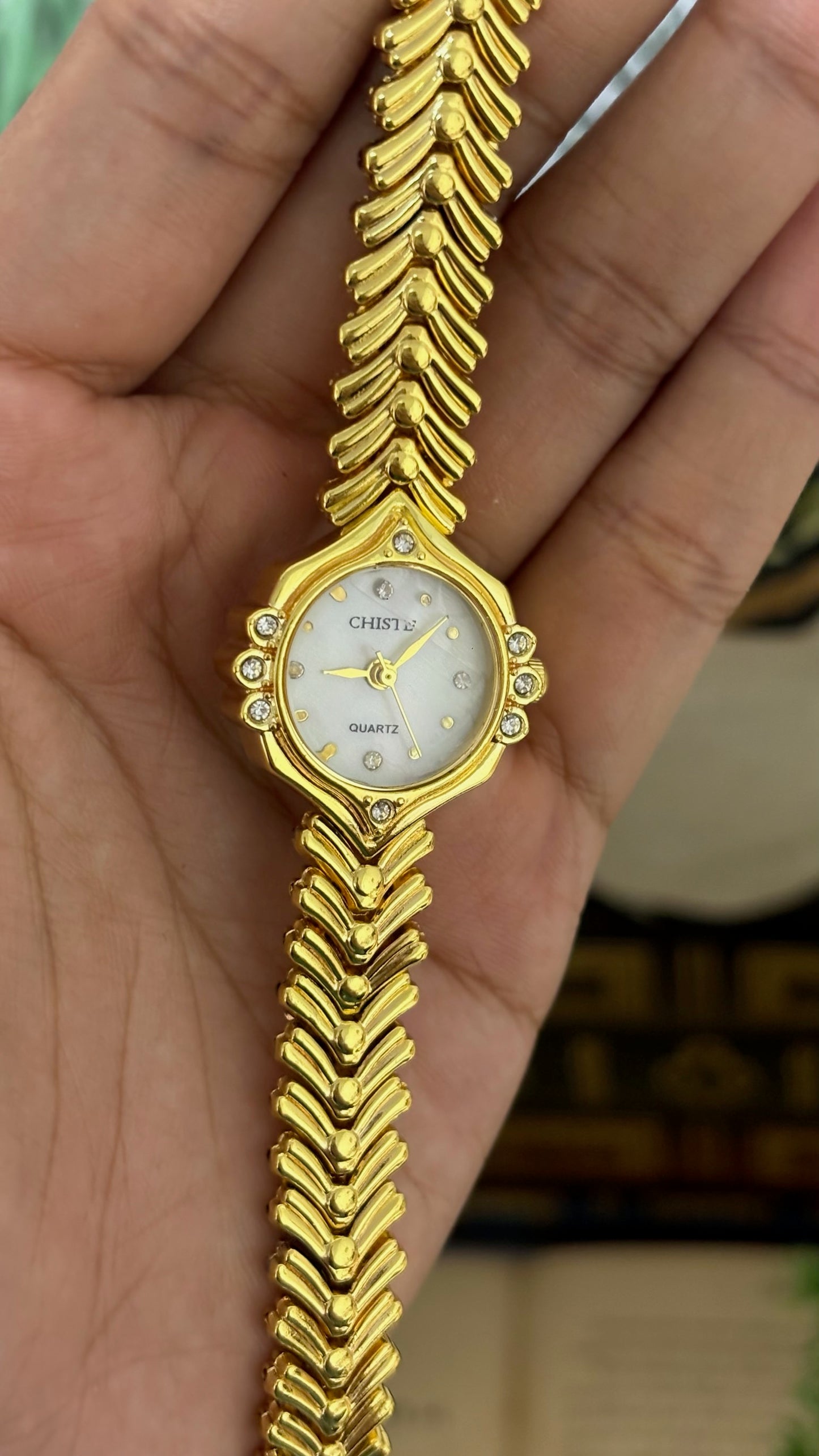 Vintage Chiste Mother of Pearl Dial Chevron Watch in Gold Tone Quartz