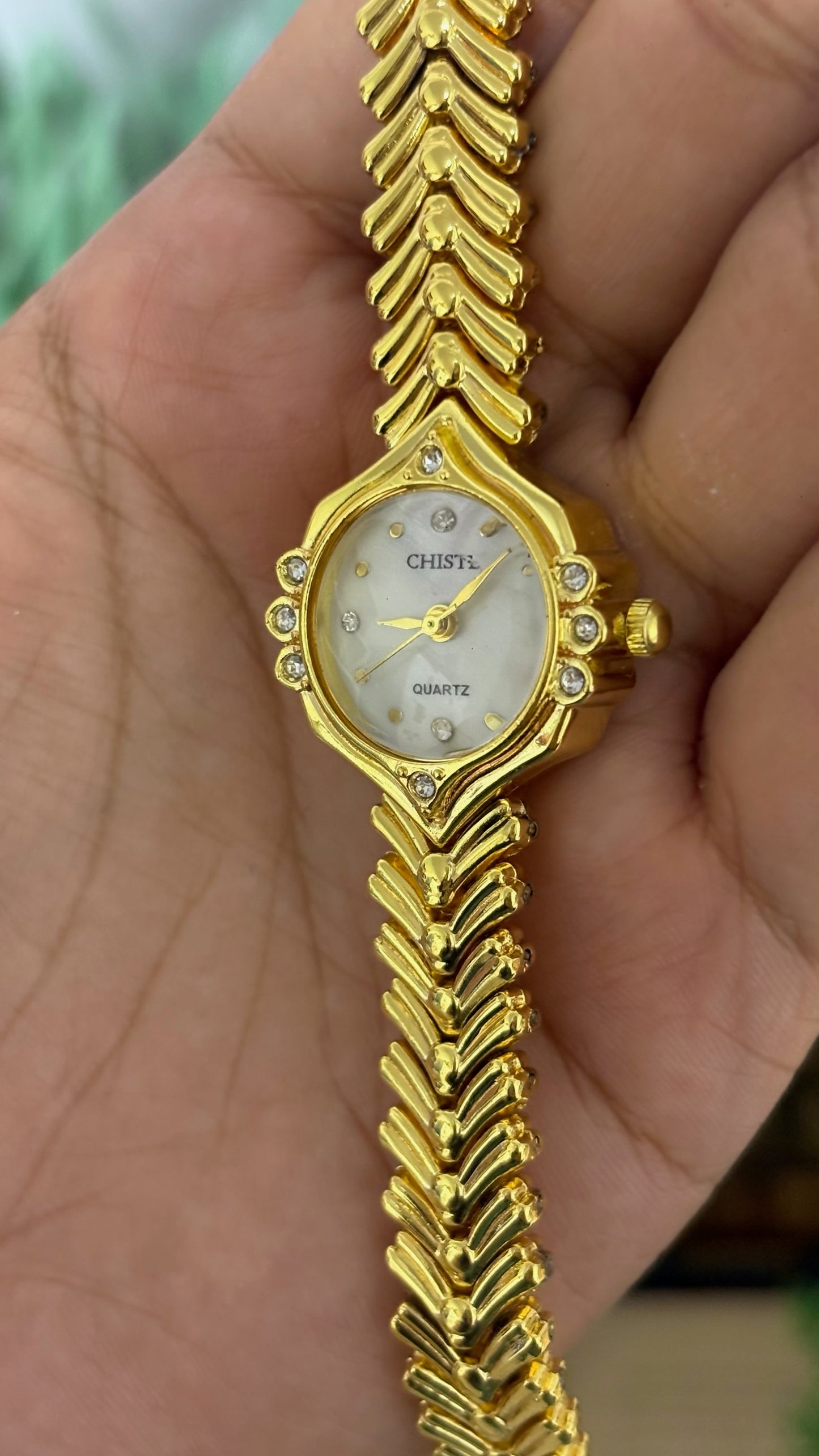 Vintage Chiste Mother of Pearl Dial Chevron Watch in Gold Tone Quartz