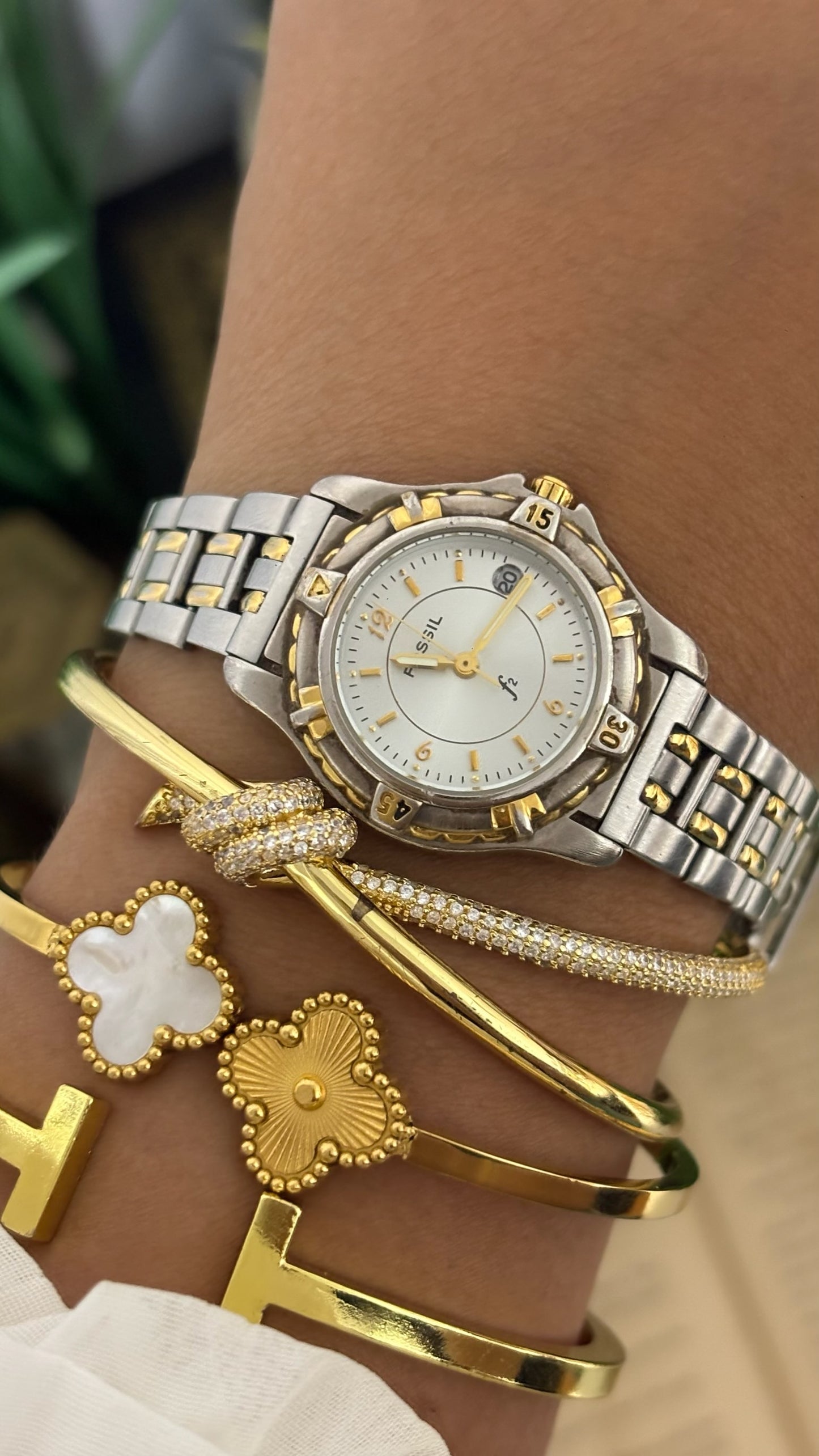 Vintage Fossil Date Window Watch in Two-Tone Quartz