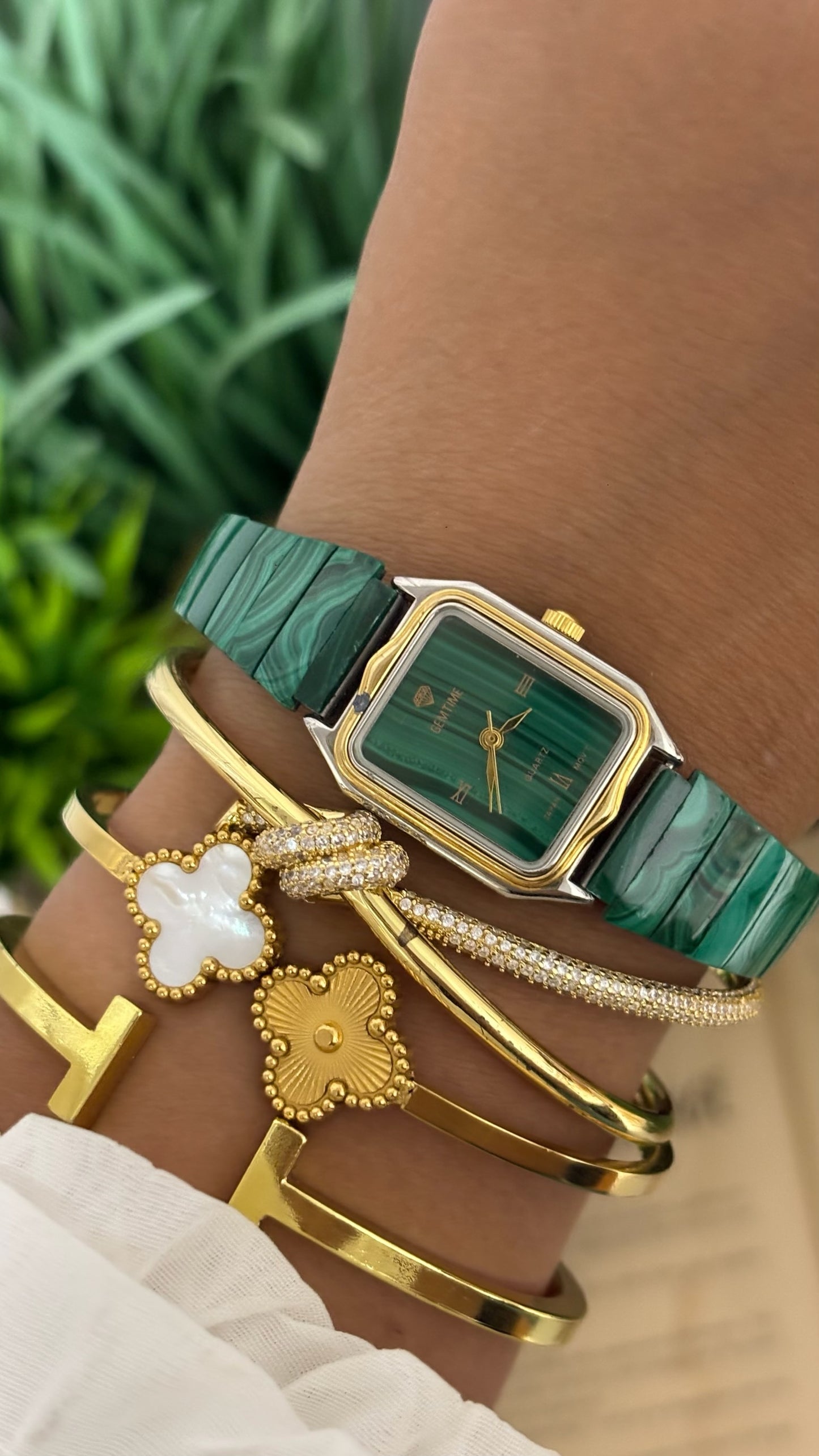 Vintage GemTime Malachite Expandable Watch in Gold Tone Quartz