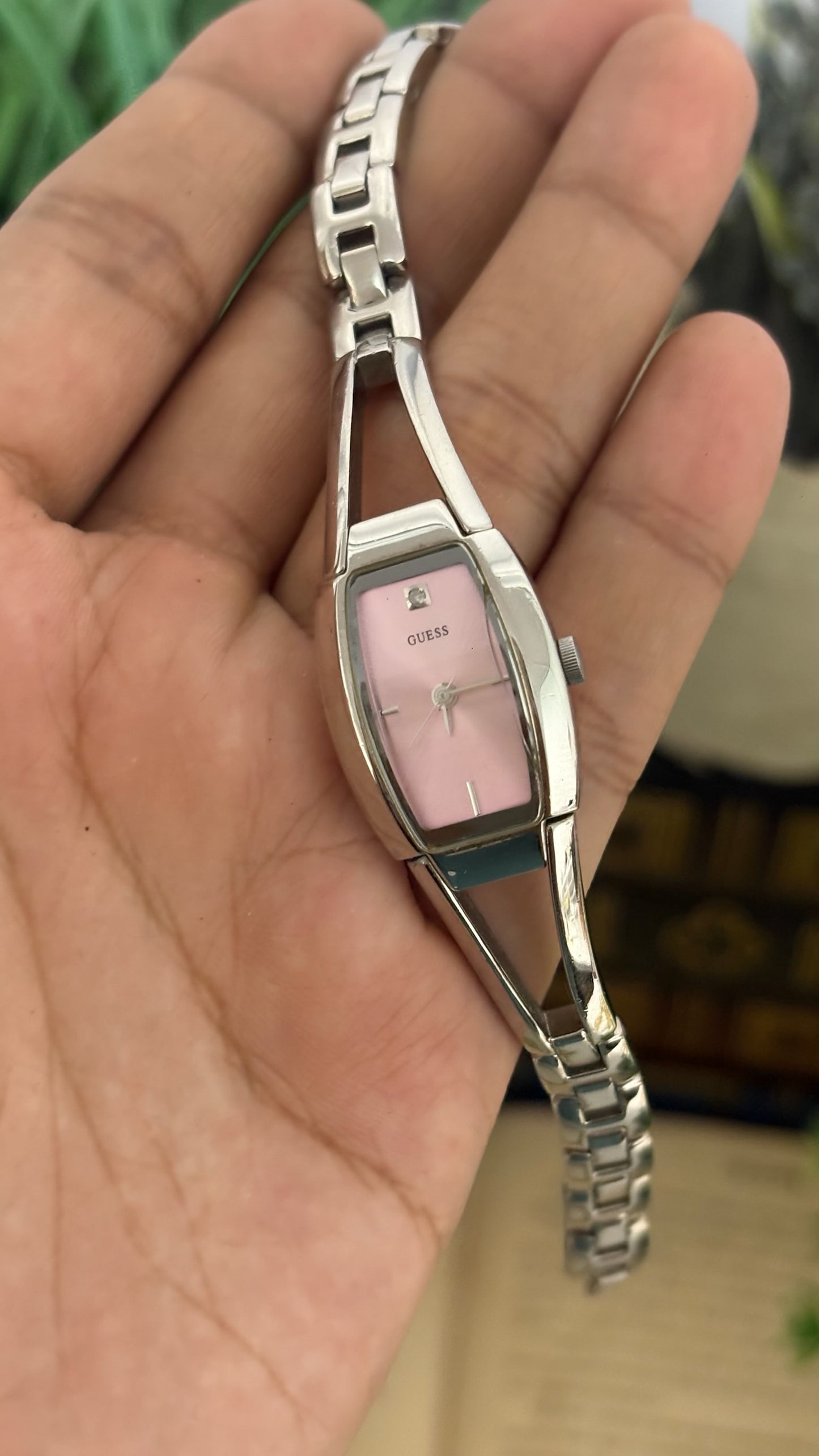 Vintage Guess Pink Dial Barrel Watch in Silver Tone Quartz