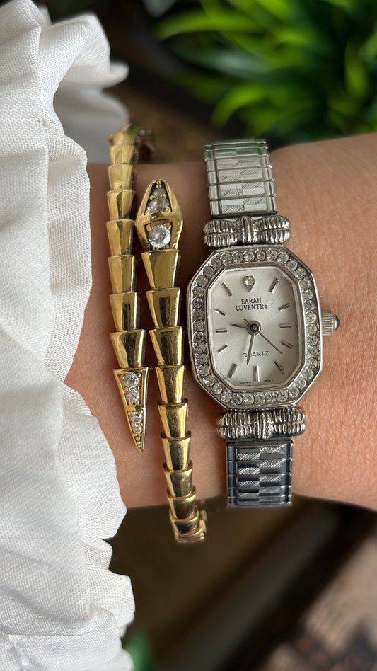 Vintage Sarah Coventry Bejeweled Watch in Silver Tone Coquette Style