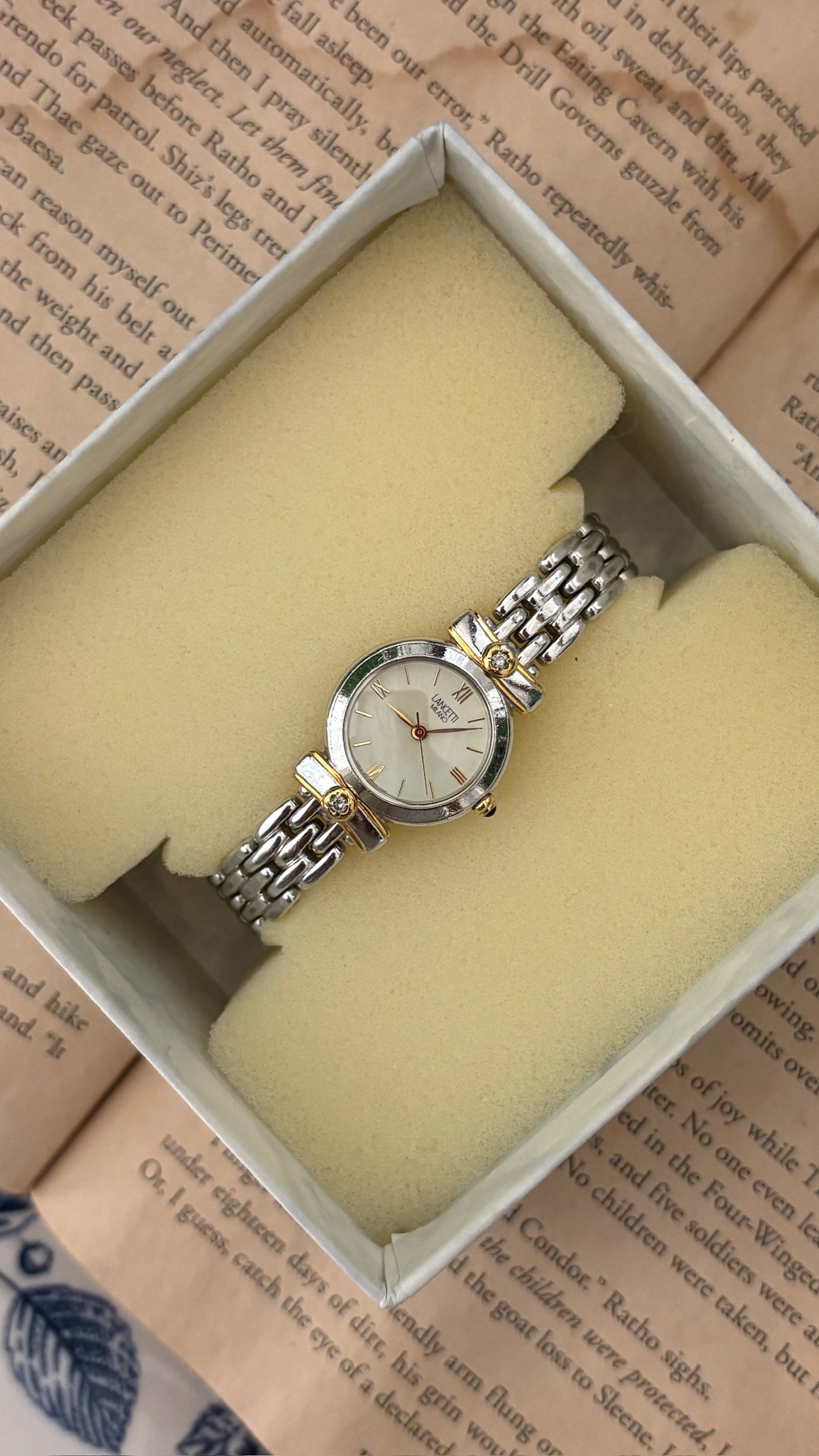 Rare Boxed Vintage Lancetti Milano Rhinestone Accent Bracelet Watch in Two-Tone Quartz