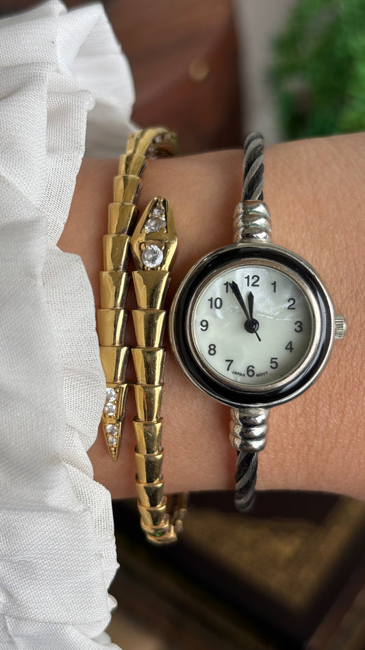 Vintage QRTZ Dainty Bangle Watch in Silver Tone Pearl Dial