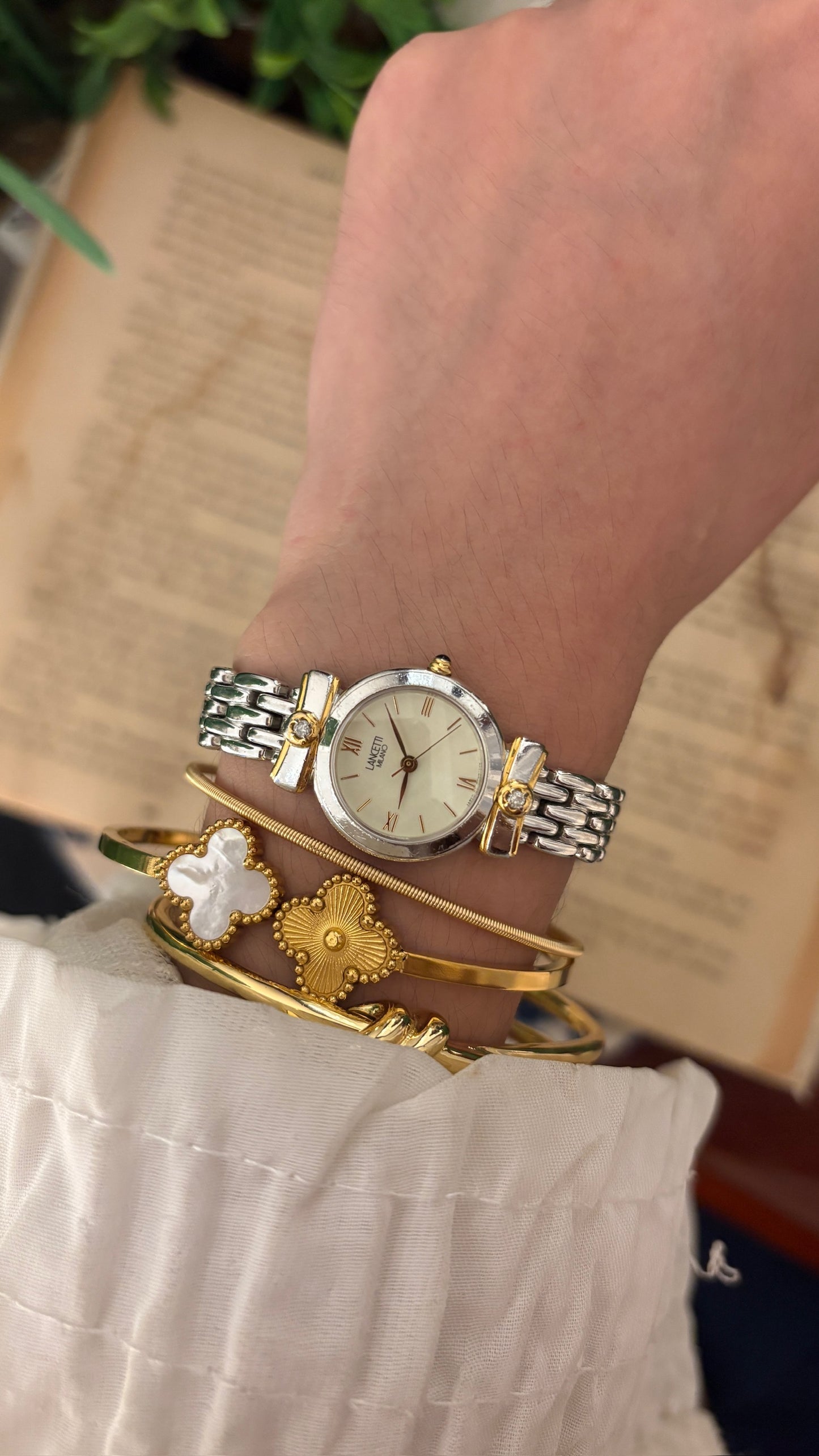 Rare Boxed Vintage Lancetti Milano Rhinestone Accent Bracelet Watch in Two-Tone Quartz