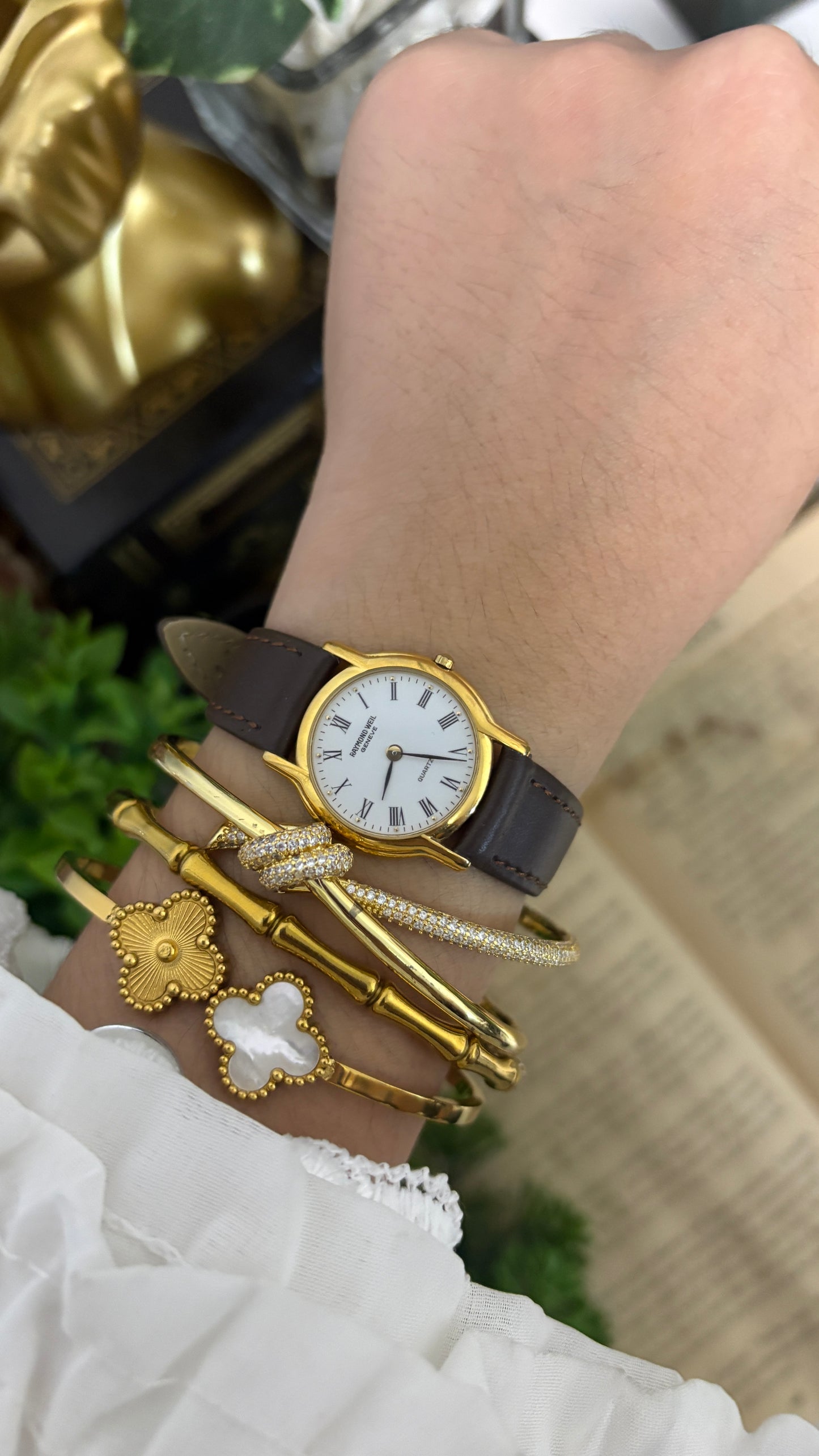 Vintage Raymond Weil Swiss Roman Dial Watch in Gold Tone Quartz Brown Leather Straps