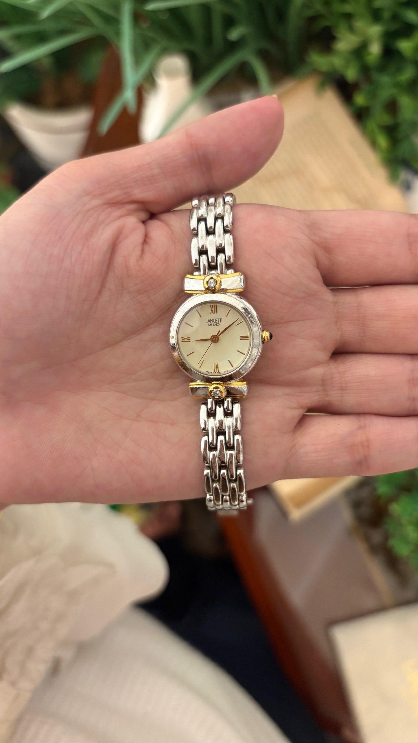 Rare Boxed Vintage Lancetti Milano Rhinestone Accent Bracelet Watch in Two-Tone Quartz
