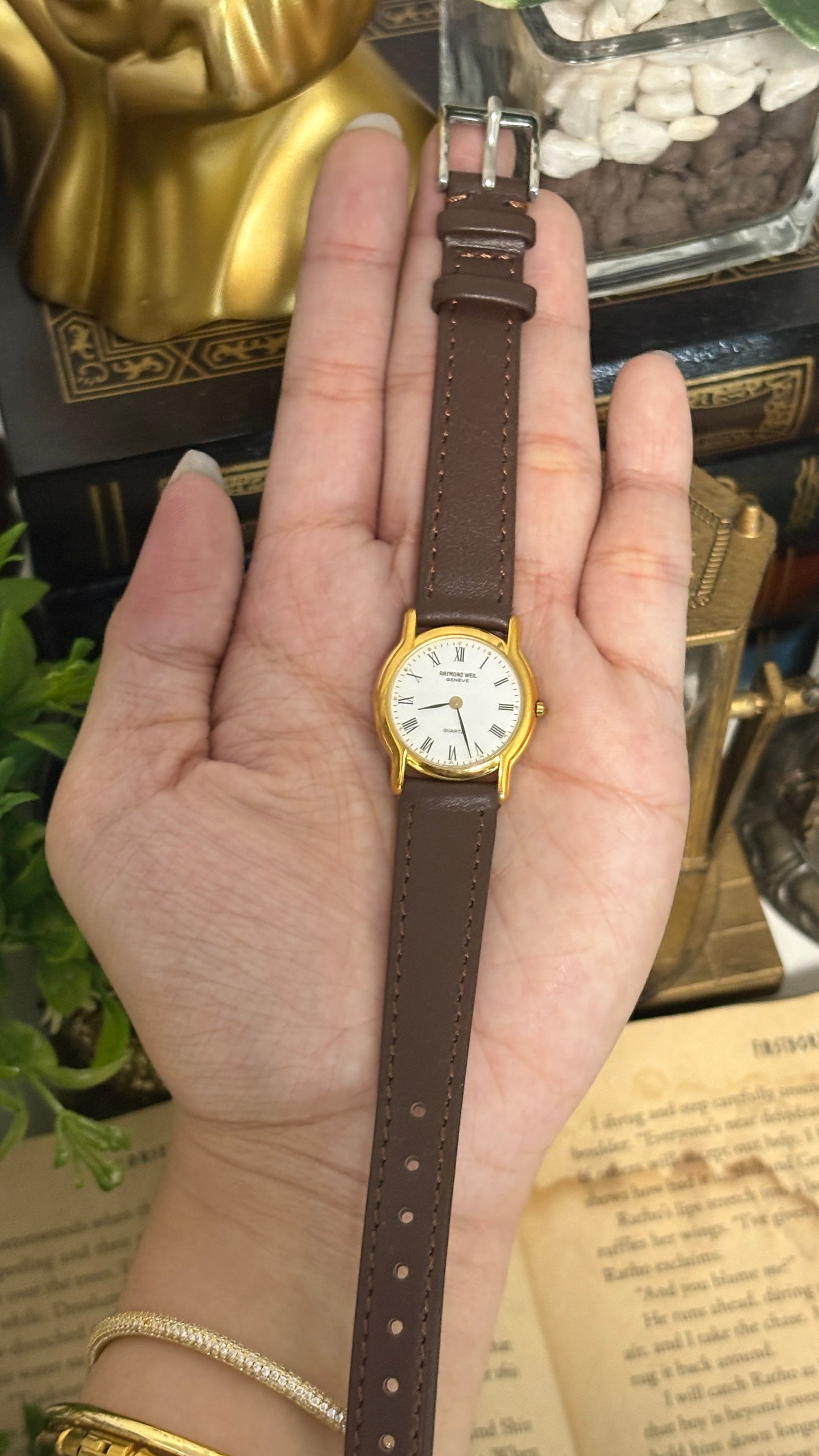 Vintage Raymond Weil Swiss Roman Dial Watch in Gold Tone Quartz Brown Leather Straps