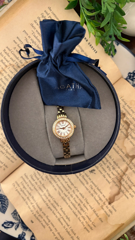 Rare Boxed Vintage Agatha Paris Rhinestone Bezel Watch in Rose Gold Tone Quartz