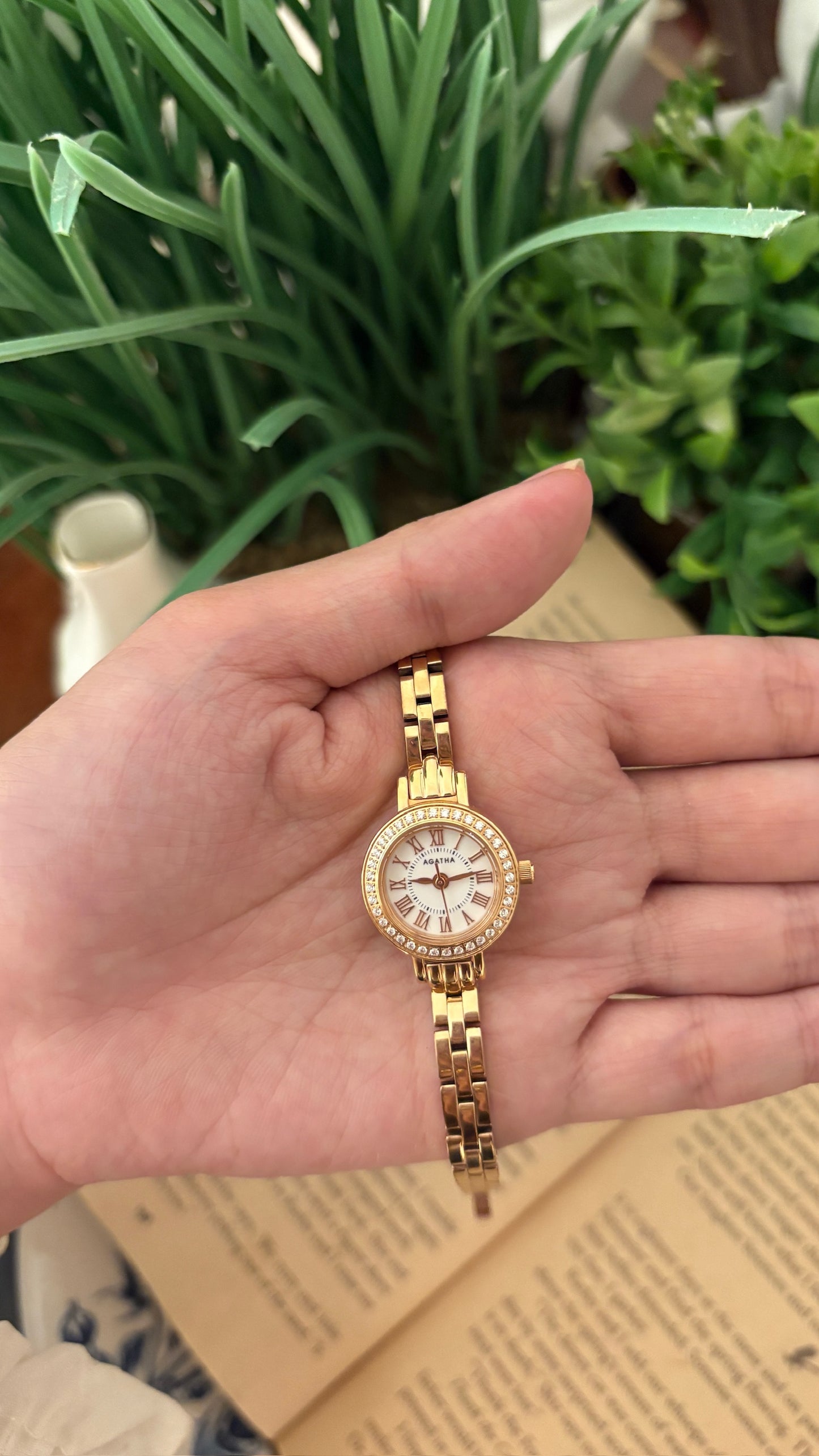 Rare Boxed Vintage Agatha Paris Rhinestone Bezel Watch in Rose Gold Tone Quartz
