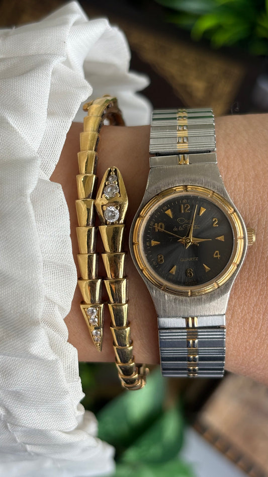 Vintage Oscar de la Renta Swiss Watch in Two-Tone Black Dial