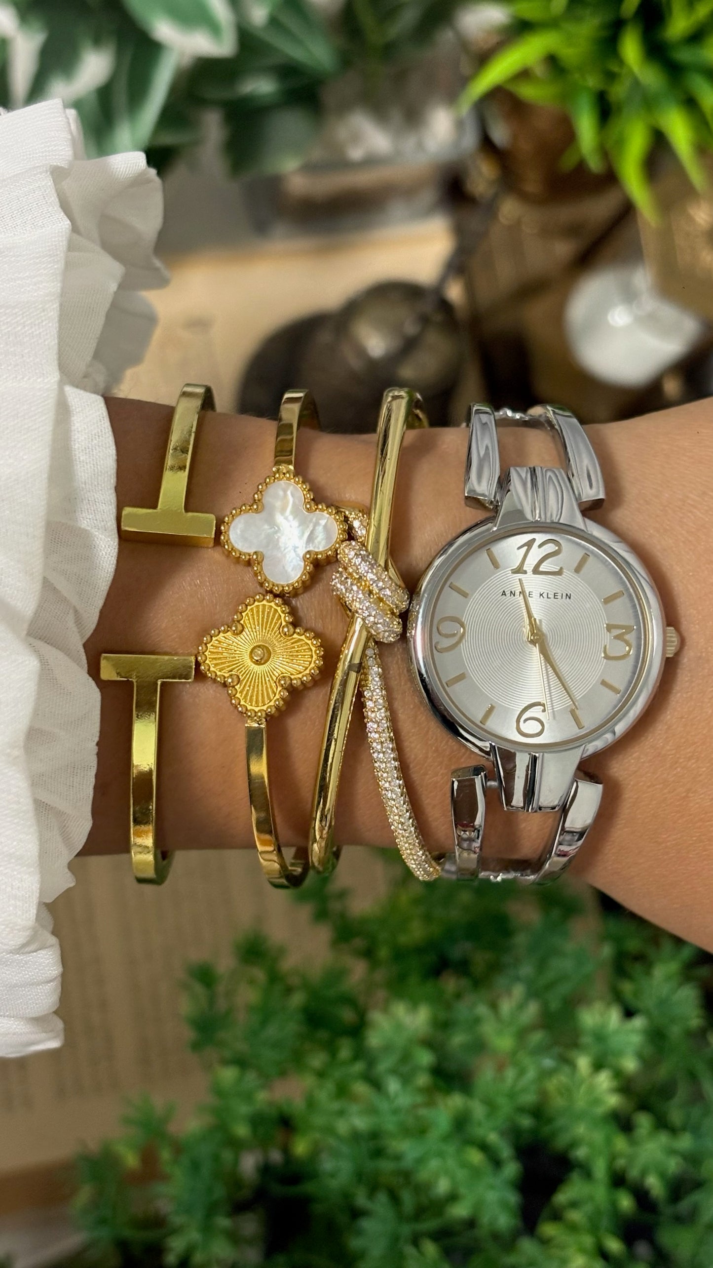 Vintage Anne Klein Open Link Bangle Watch in Silver Tone Silver Sunray Dial Quartz