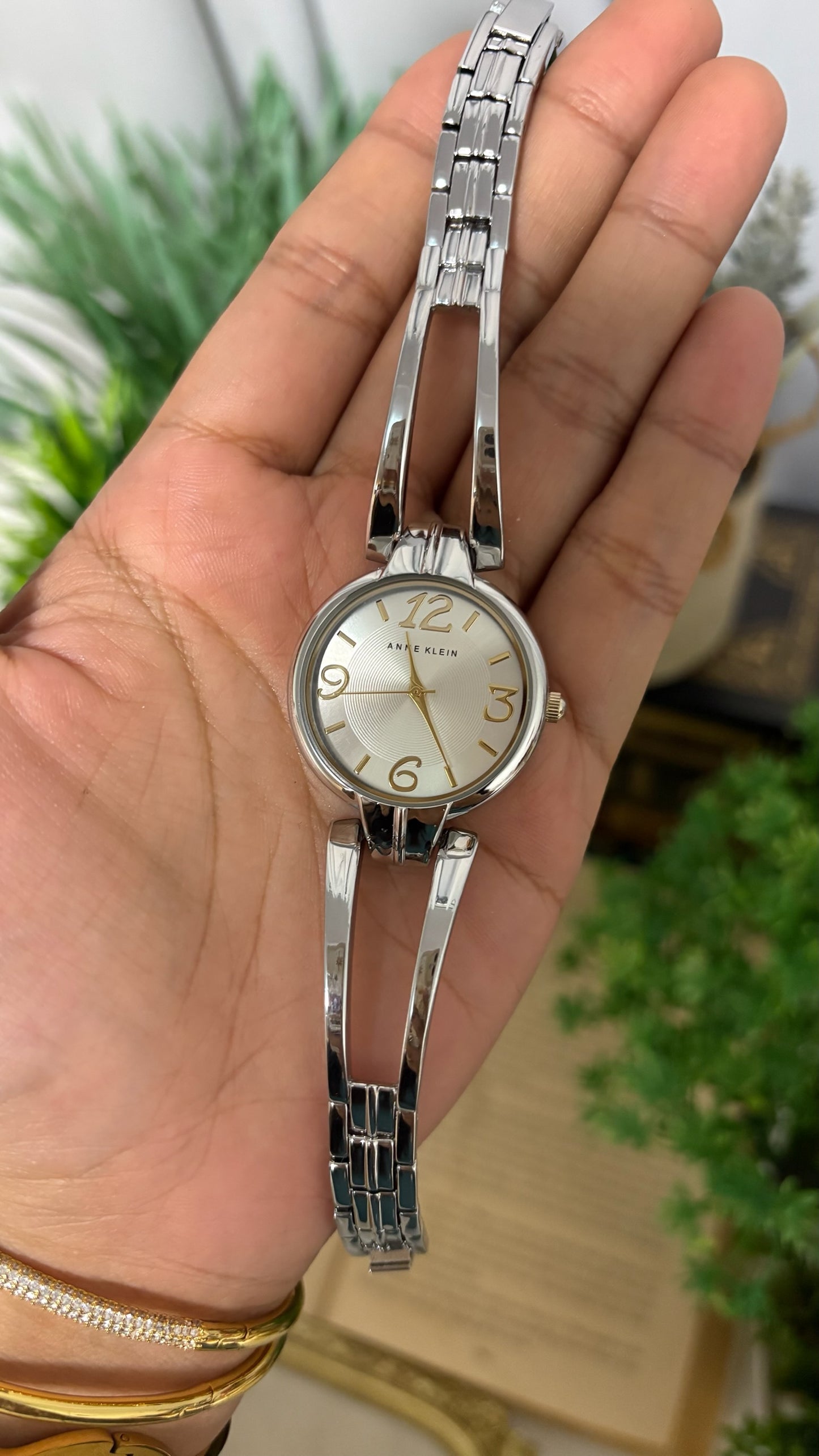 Vintage Anne Klein Open Link Bangle Watch in Silver Tone Silver Sunray Dial Quartz