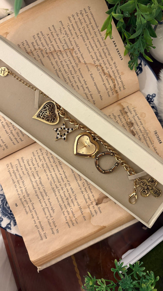 Rare Boxed Vintage Laguna Moon Charm Watch in Gold Tone Quartz