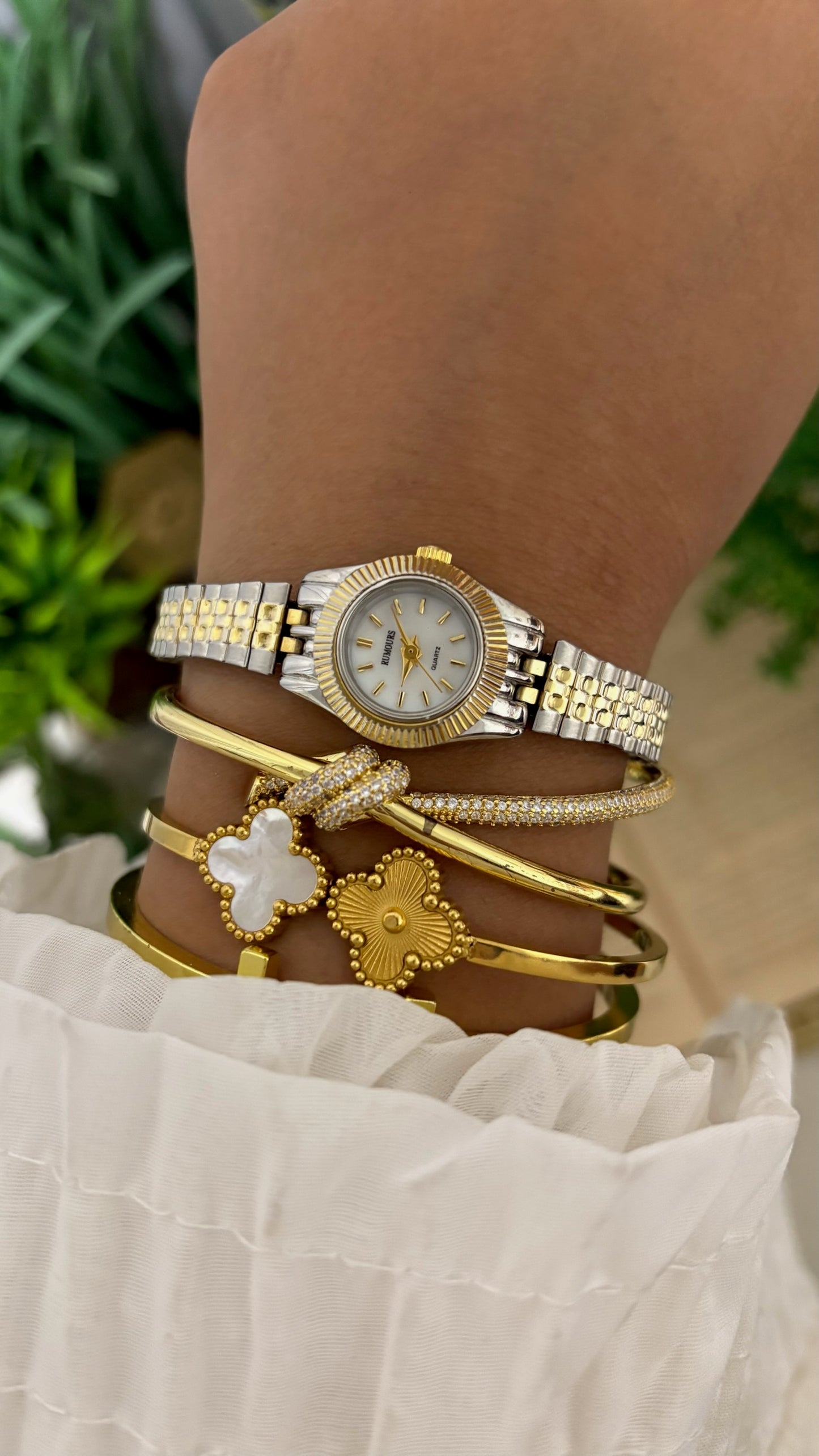 Dainty Vintage Rumours Fluted Bezel Watch in Two-Tone Mother of Pearl Dial Quartz
