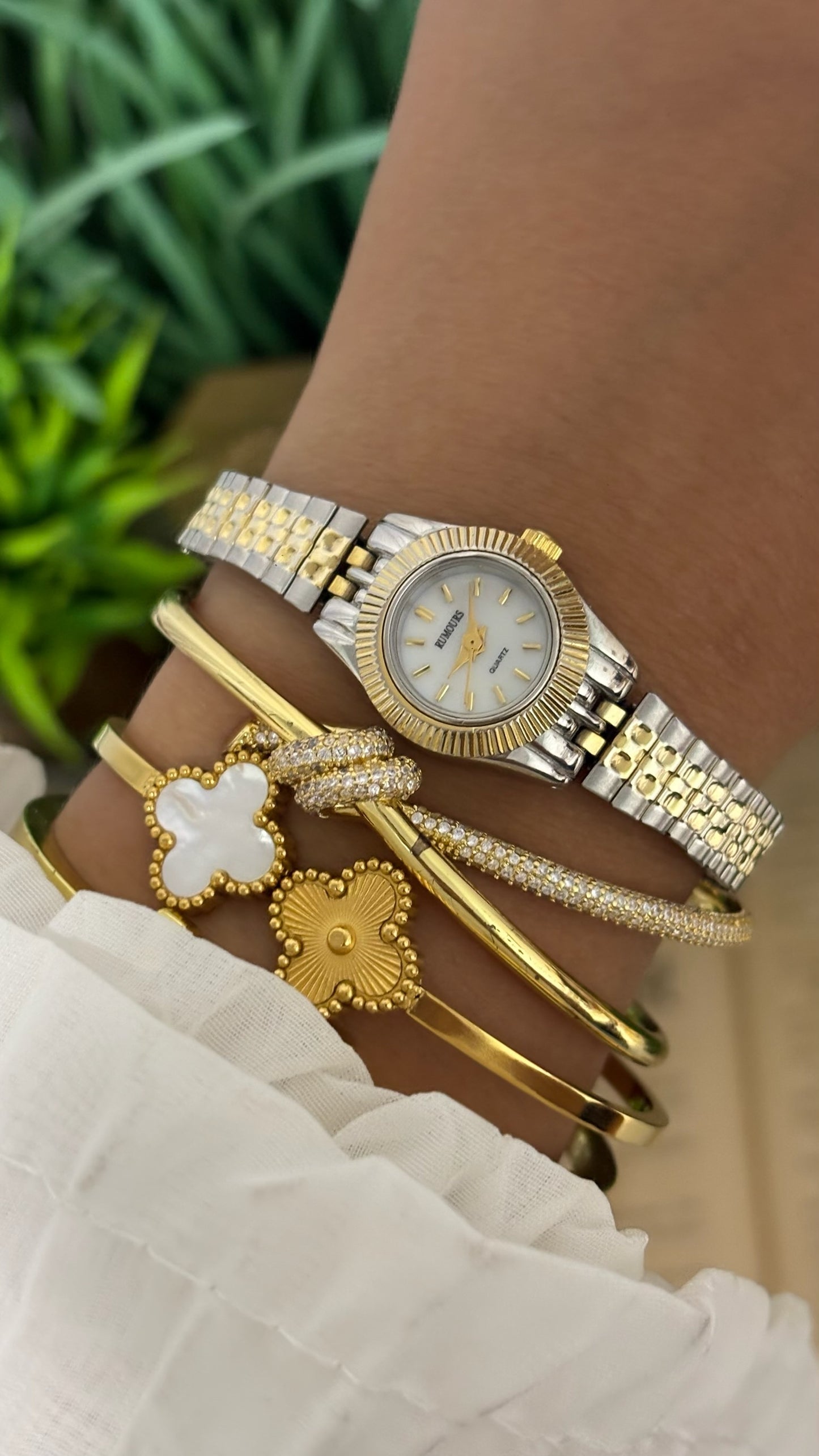 Dainty Vintage Rumours Fluted Bezel Watch in Two-Tone Mother of Pearl Dial Quartz