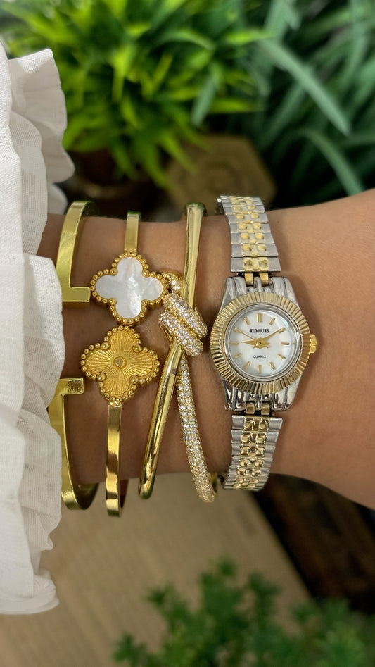 Dainty Vintage Rumours Fluted Bezel Watch in Two-Tone Mother of Pearl Dial Quartz