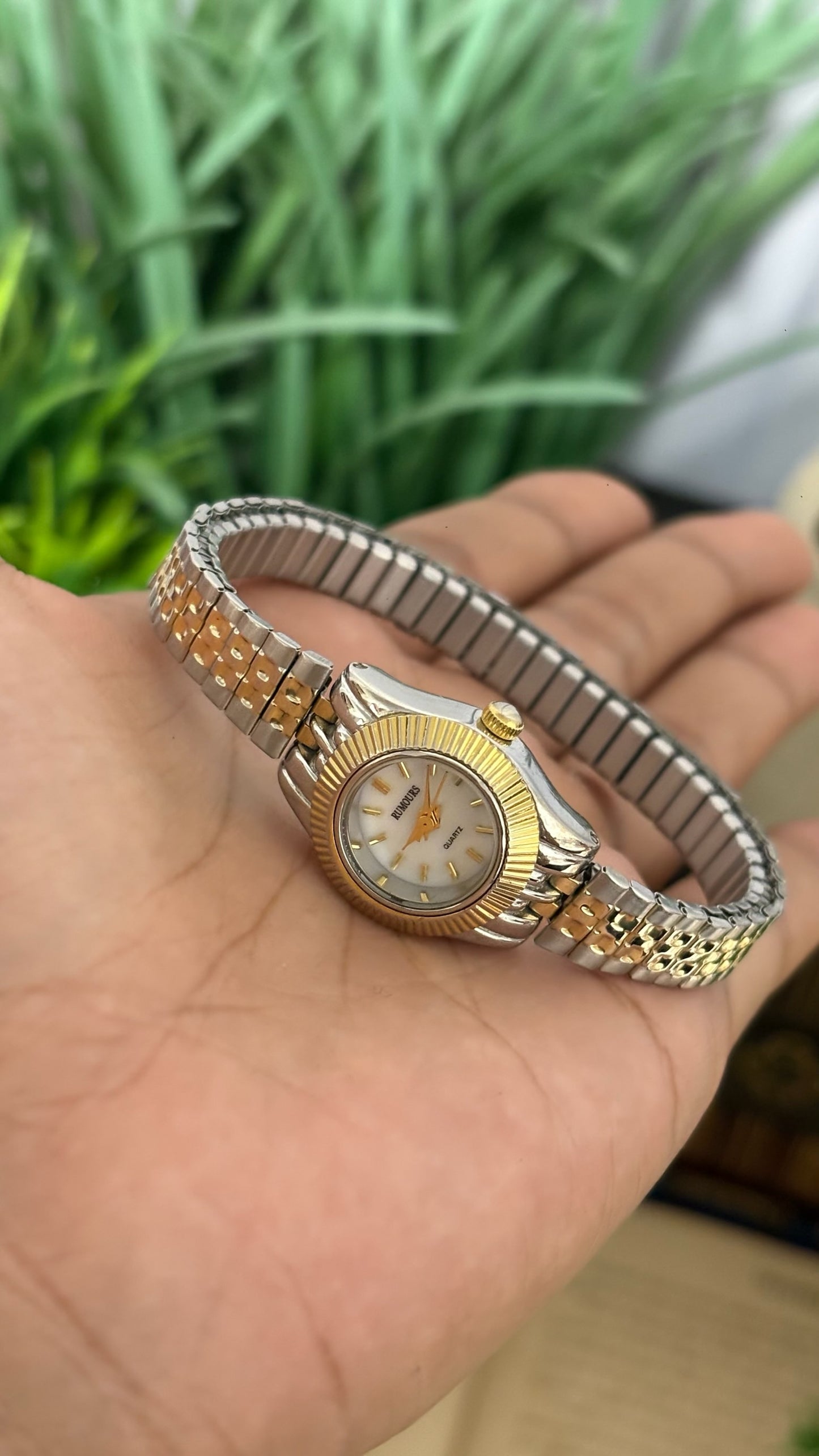 Dainty Vintage Rumours Fluted Bezel Watch in Two-Tone Mother of Pearl Dial Quartz