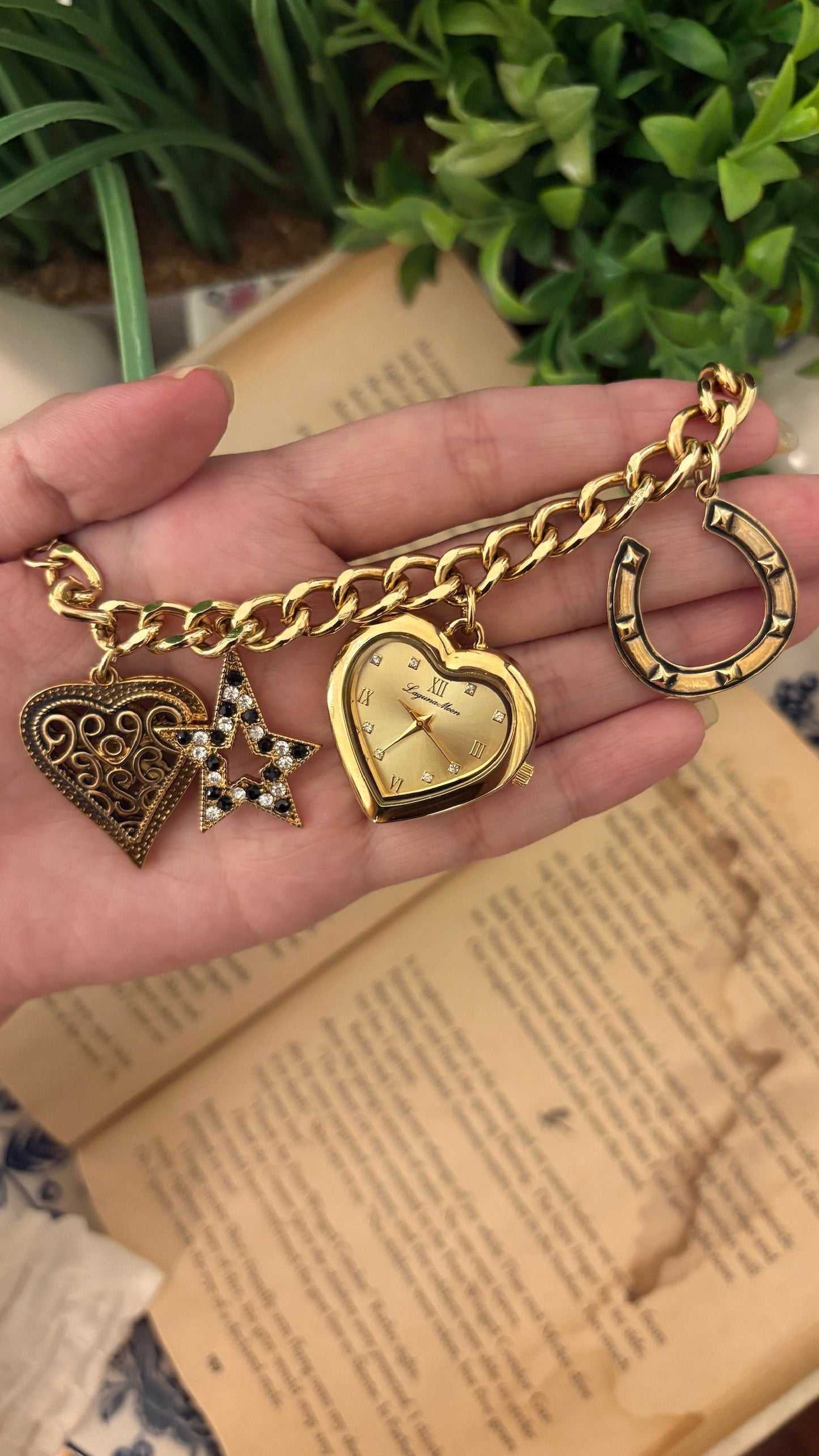 Rare Boxed Vintage Laguna Moon Charm Watch in Gold Tone Quartz