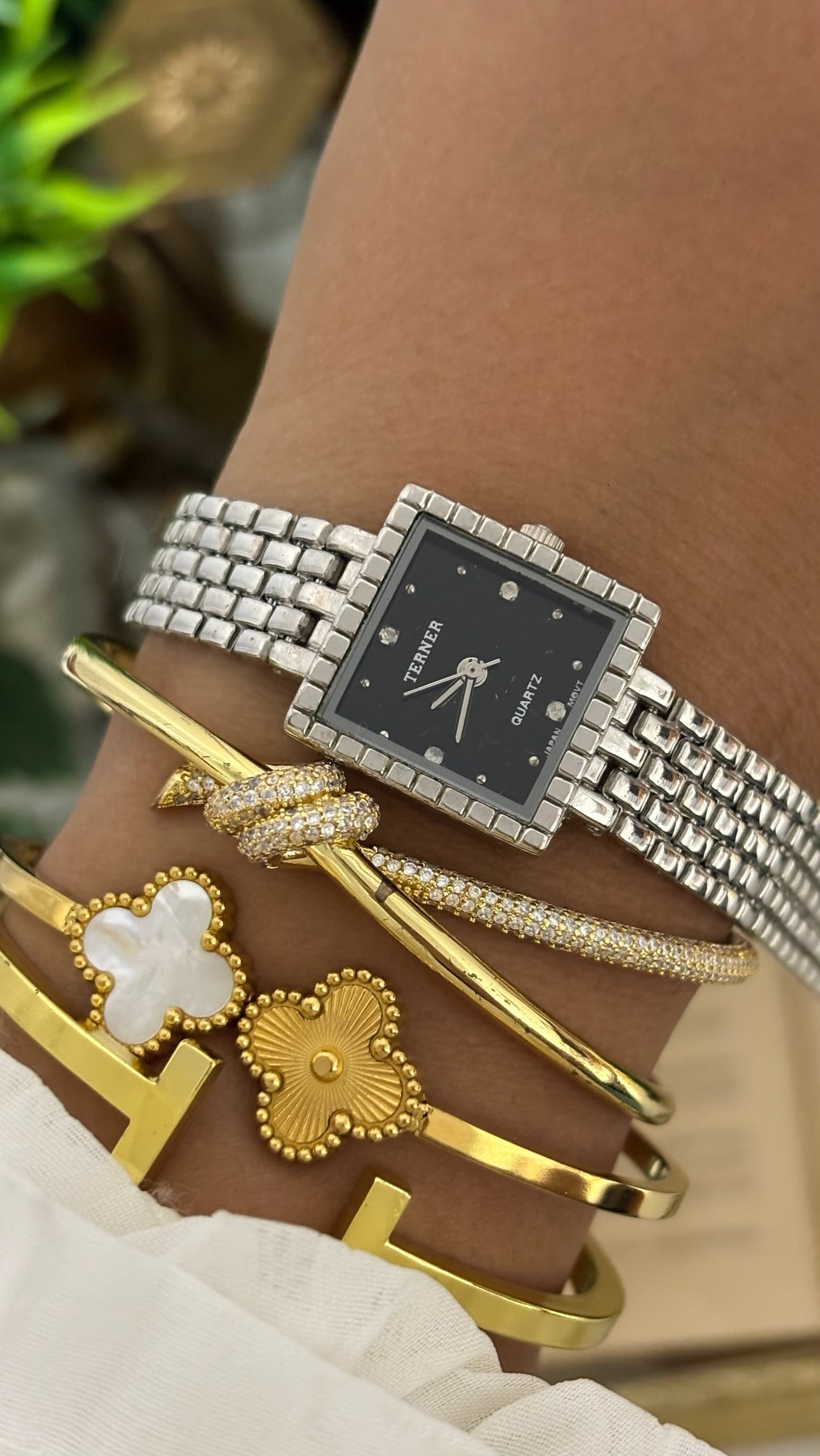 Vintage Terner Square Face Studded Bezel Watch in Silver Tone Black Dial Quartz