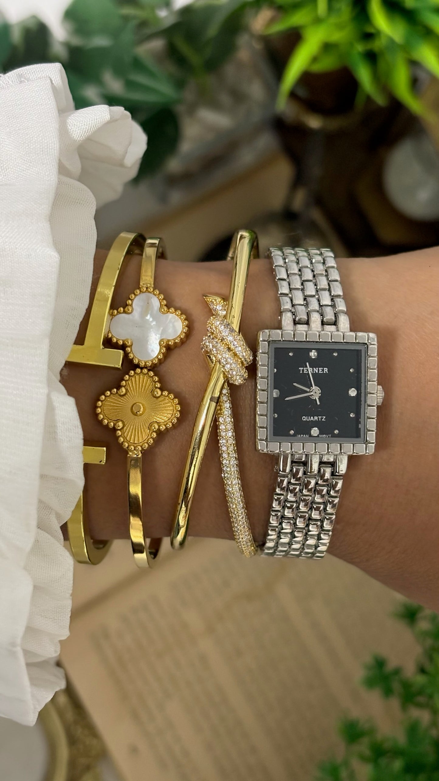 Vintage Terner Square Face Studded Bezel Watch in Silver Tone Black Dial Quartz