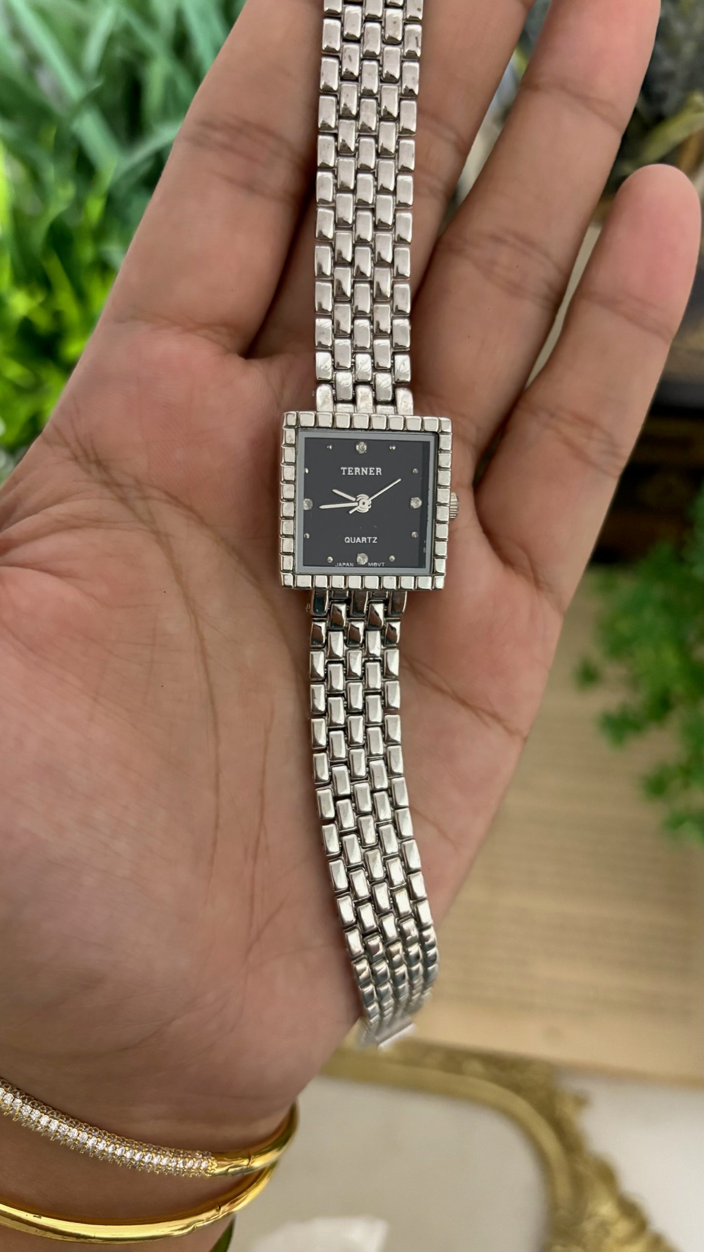 Vintage Terner Square Face Studded Bezel Watch in Silver Tone Black Dial Quartz
