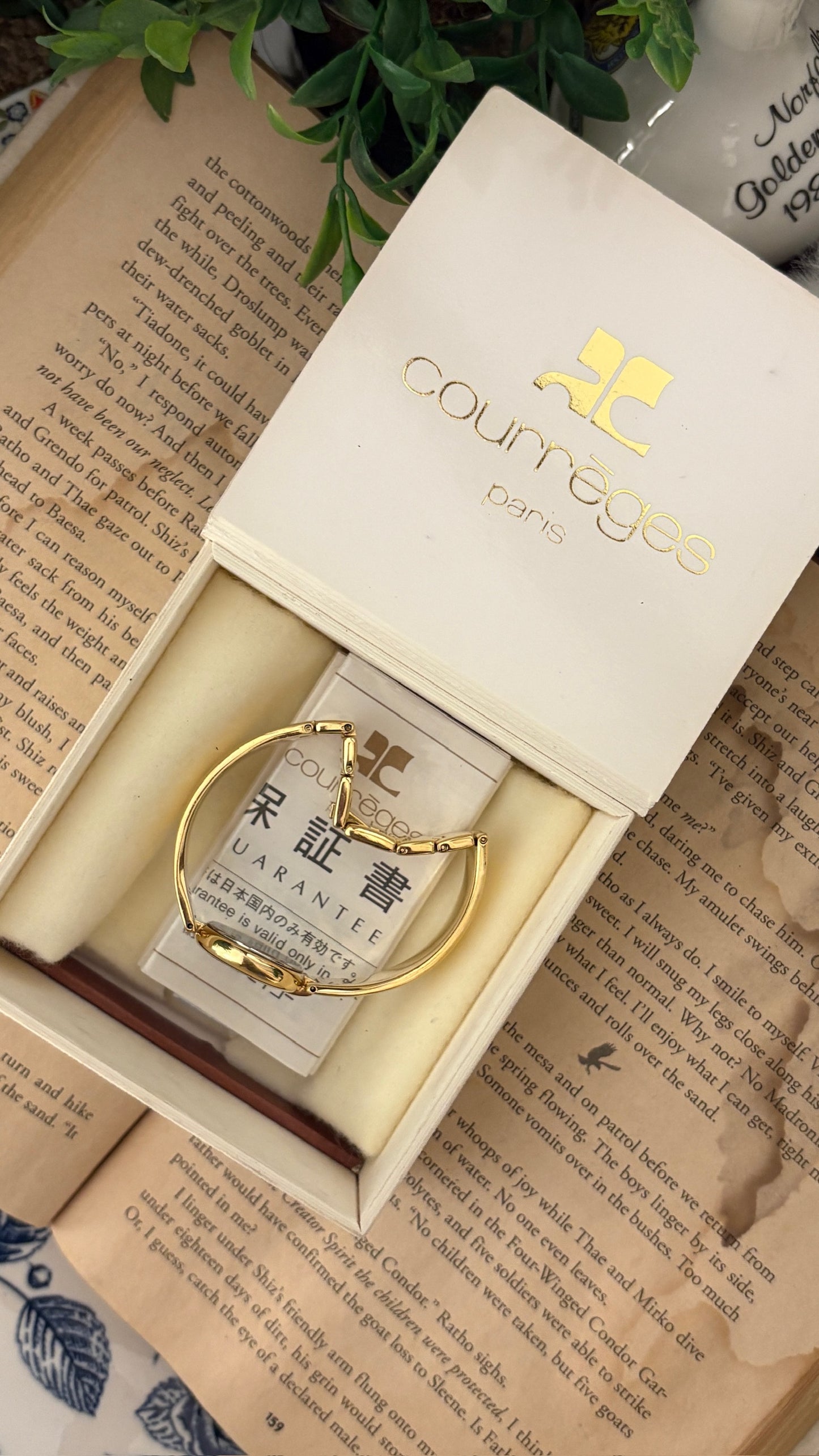 Rare Boxed Vintage Courreges Paris Bangle Watch in Gold Tone Quartz