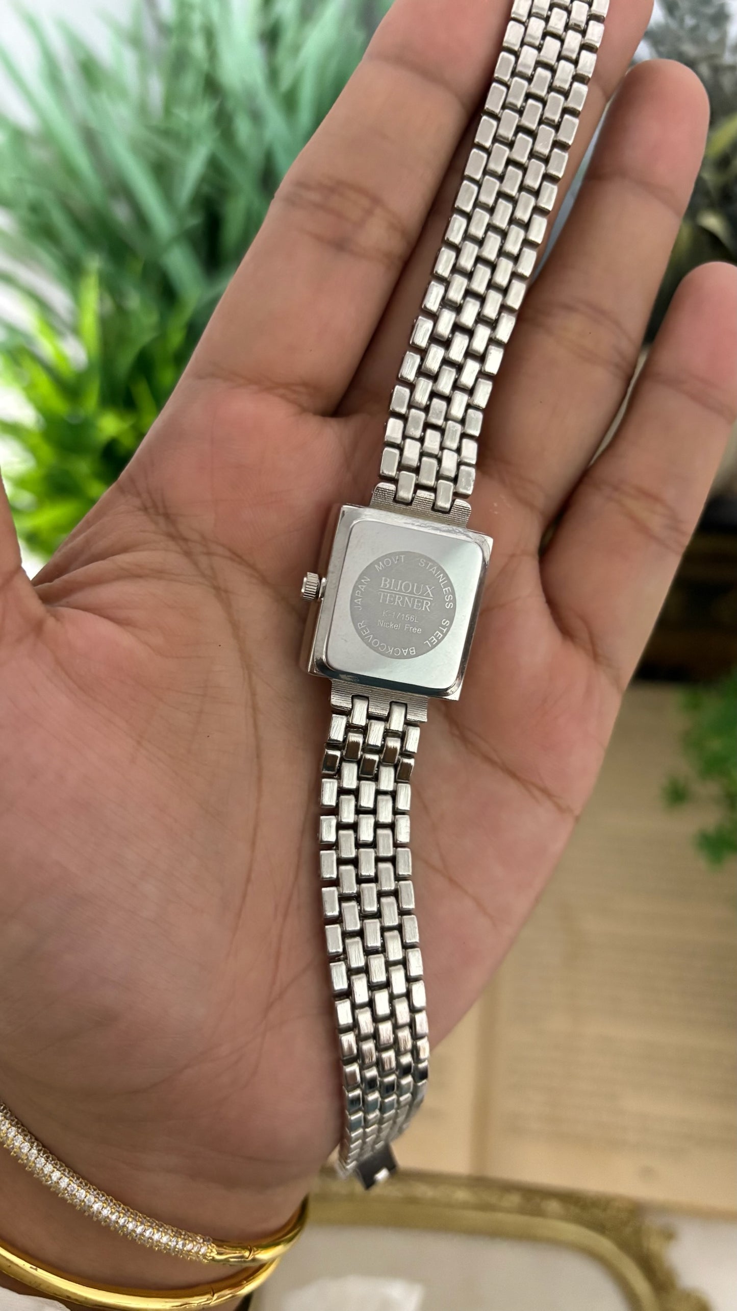 Vintage Terner Square Face Studded Bezel Watch in Silver Tone Black Dial Quartz