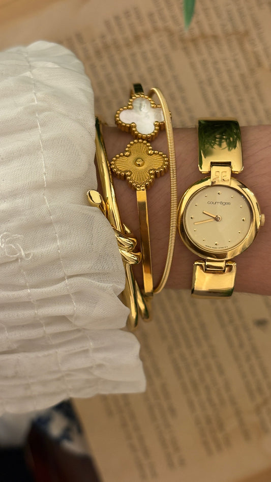 Rare Boxed Vintage Courreges Paris Bangle Watch in Gold Tone Quartz