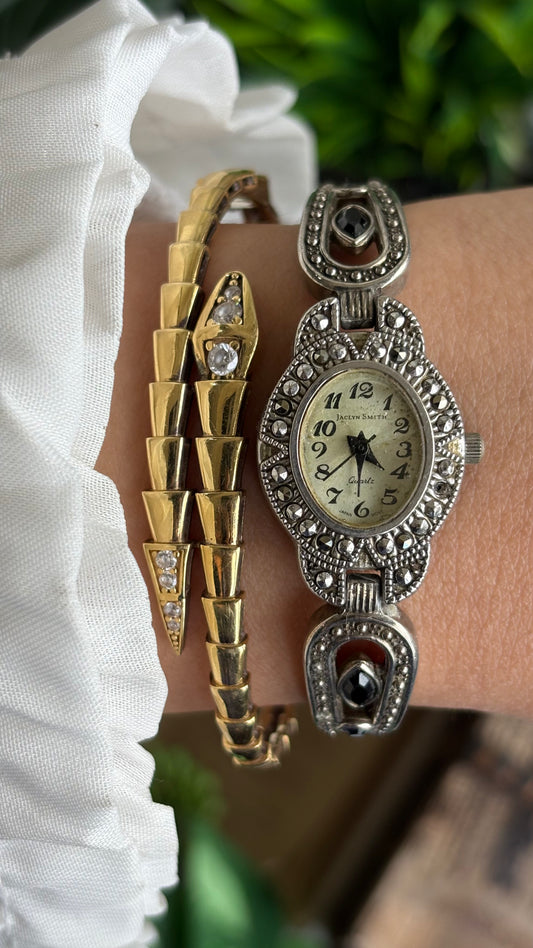 Vintage Jaclyn Smith Watch in Silver Tone Greek Style Black Onyx