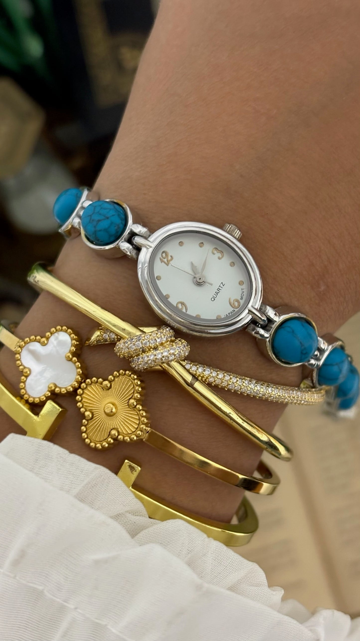Vintage Faux Turquoise Beaded Bracelet Watch in Silver Tone White Dial Quartz