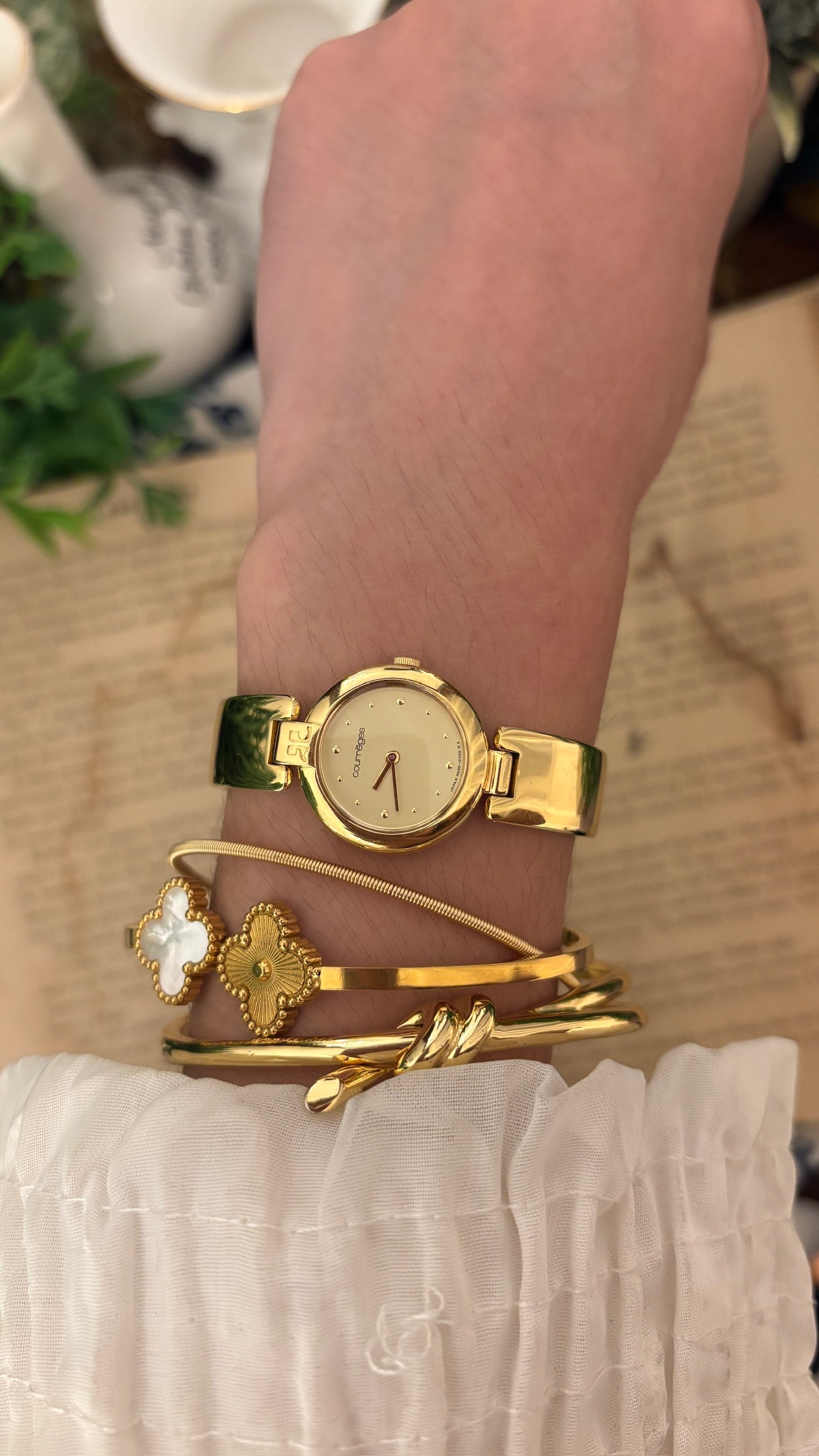 Rare Boxed Vintage Courreges Paris Bangle Watch in Gold Tone Quartz