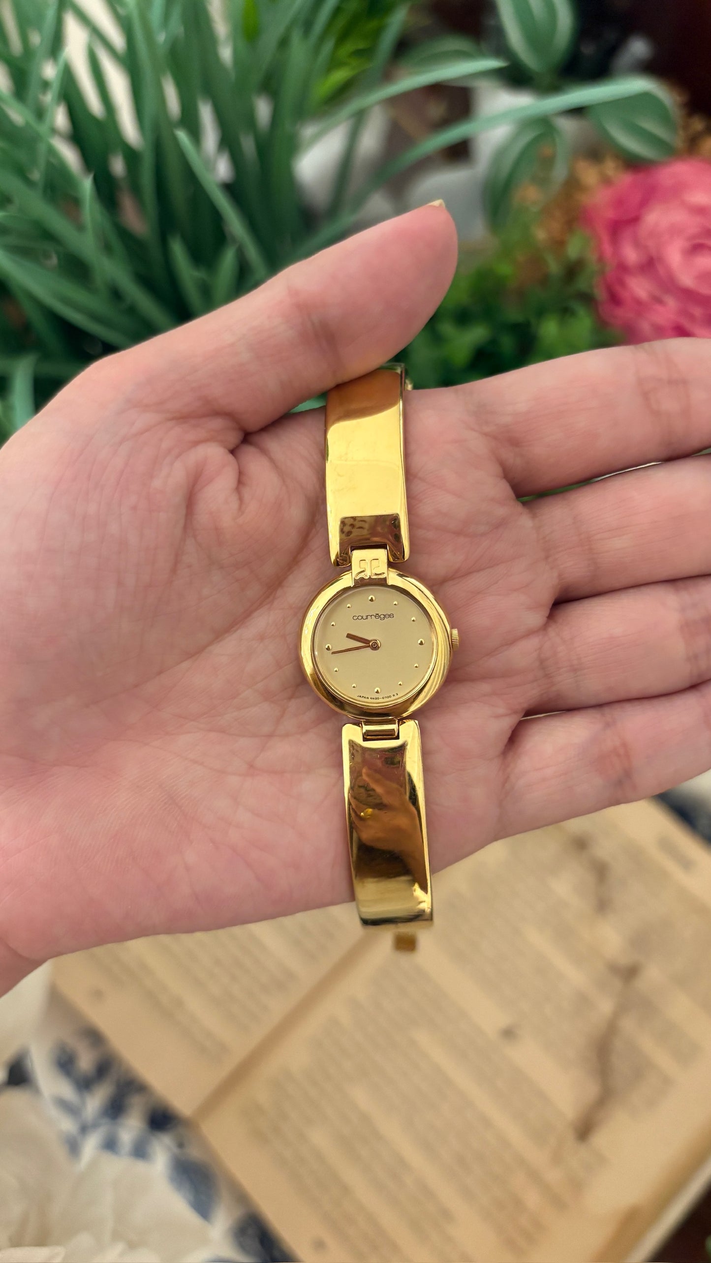 Rare Boxed Vintage Courreges Paris Bangle Watch in Gold Tone Quartz