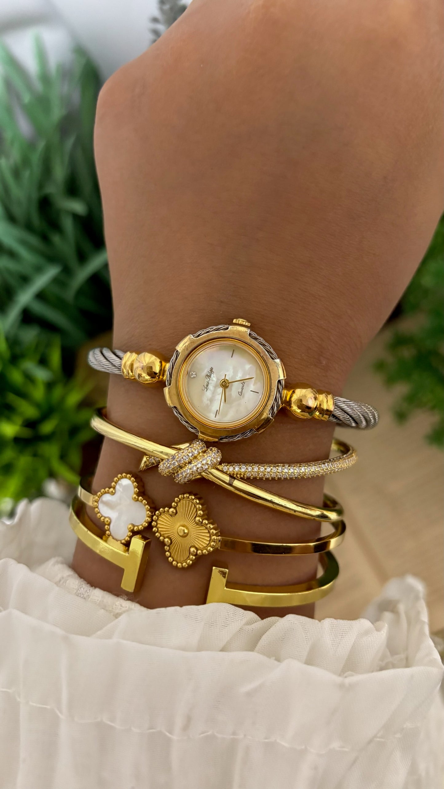 Vintage Louis Philippe Cable Twist Bangle Watch in Two-Tone Mother of Pearl Dial Quartz