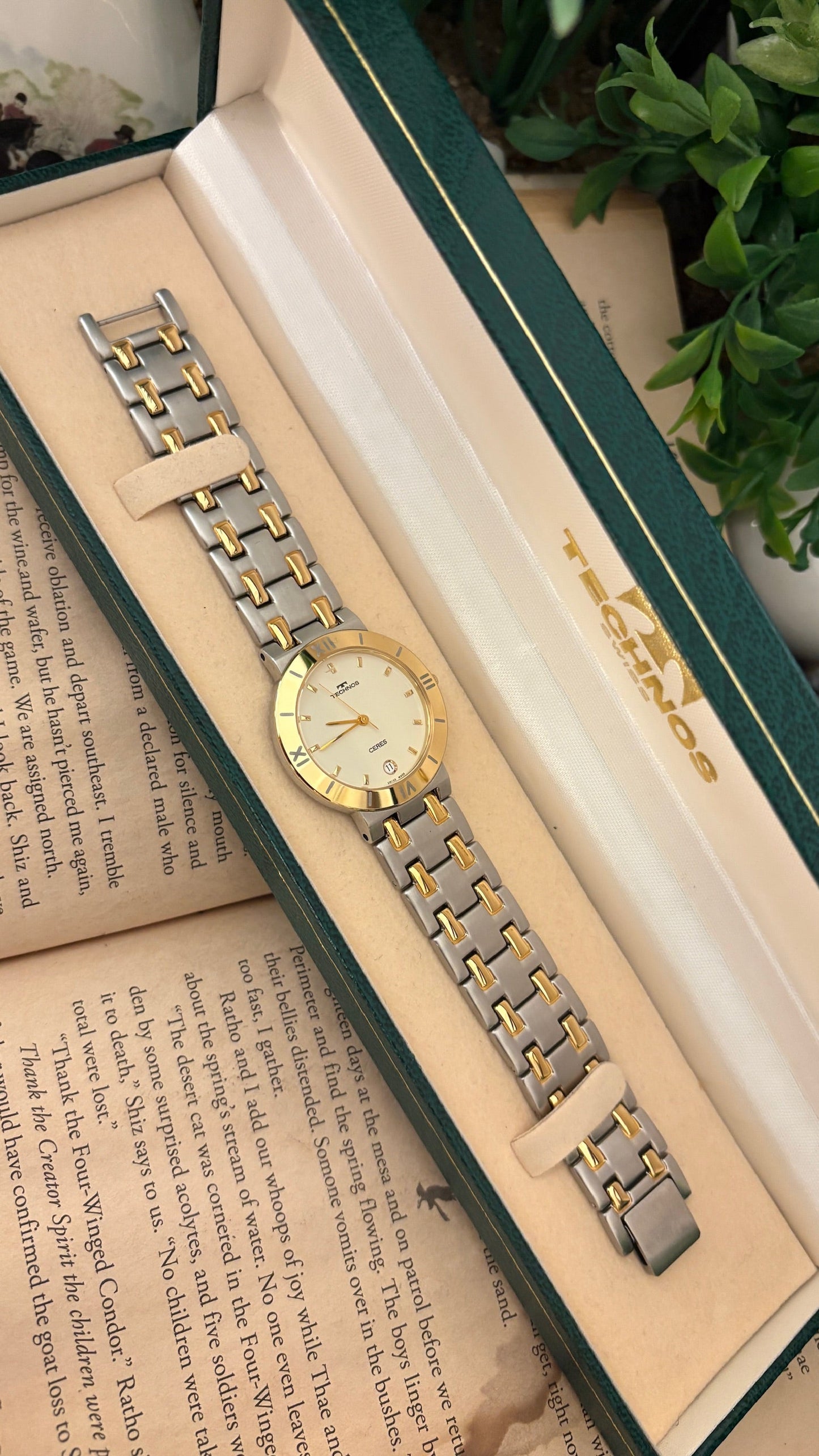 Rare Boxed Vintage Technos Swiss Ceres with Date Window Watch in Two-Tone Quartz